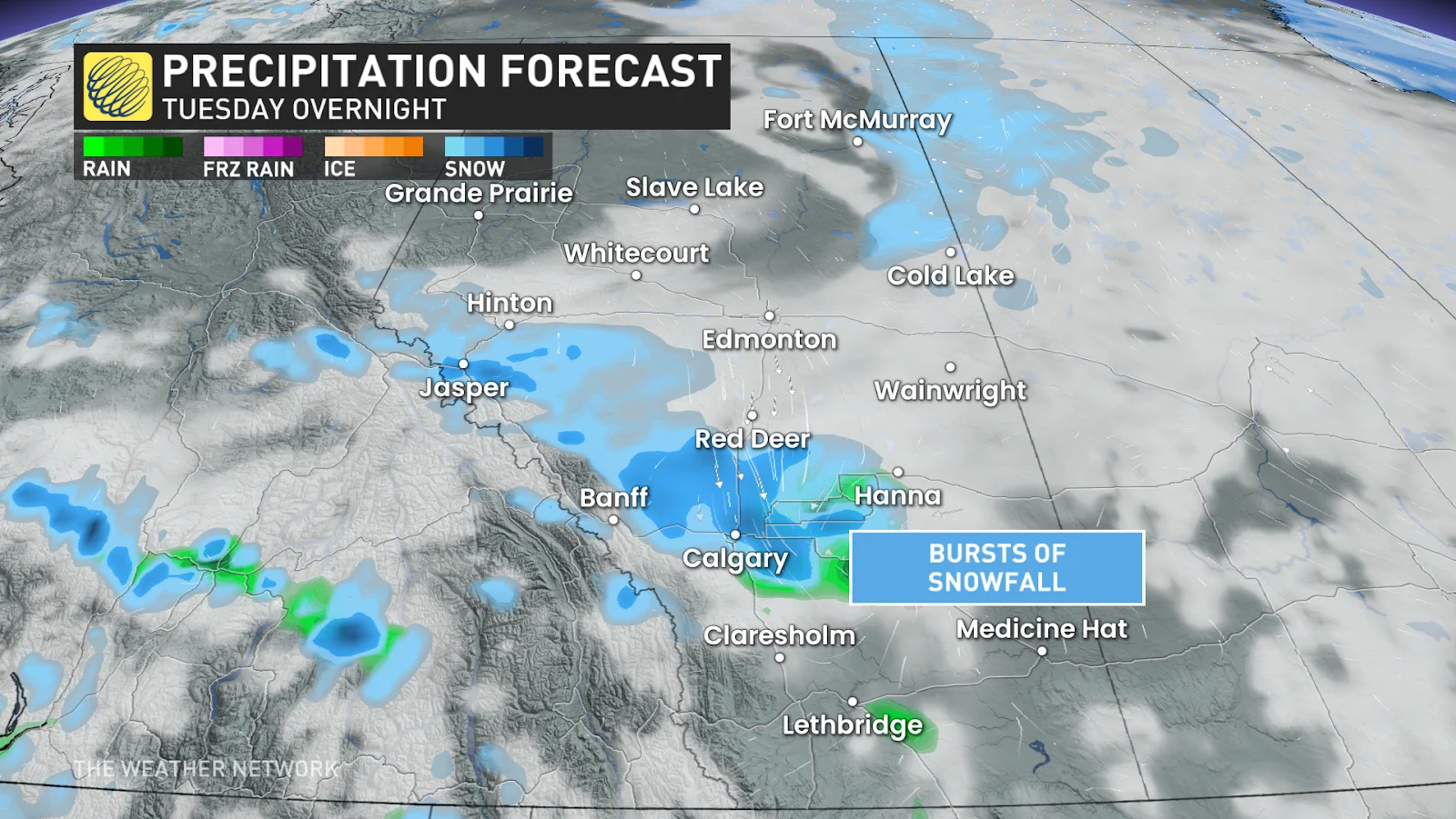 Alberta forecast radar precipitation Tuesday overnight - March 31, 2025