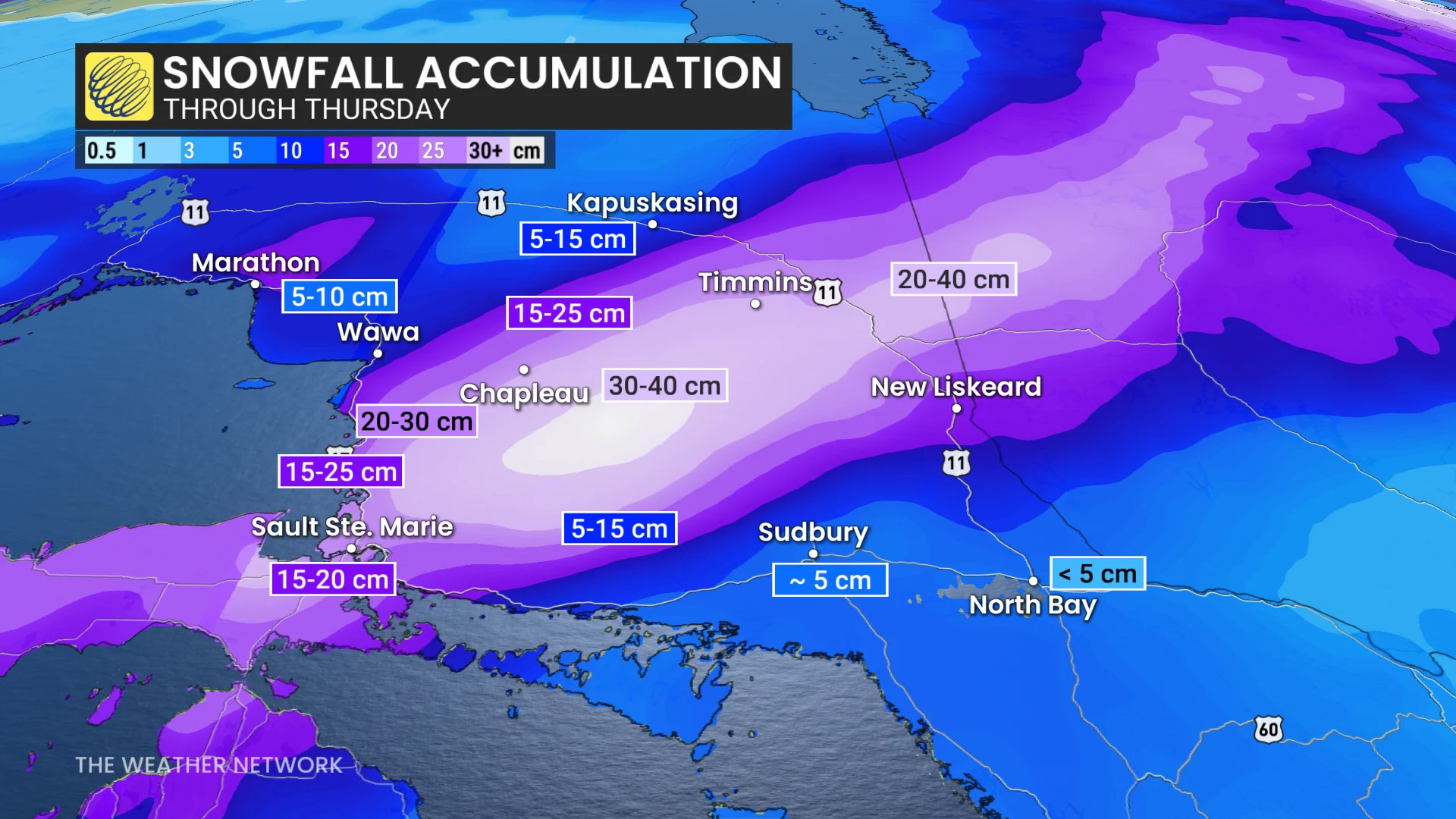 Ontario snowfall accumulation through Thursday