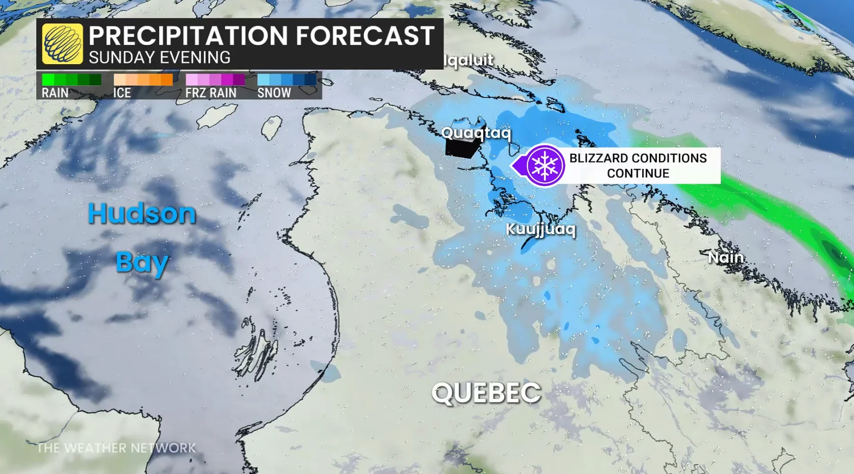Northern Quebec precipitation timing Sunday evening