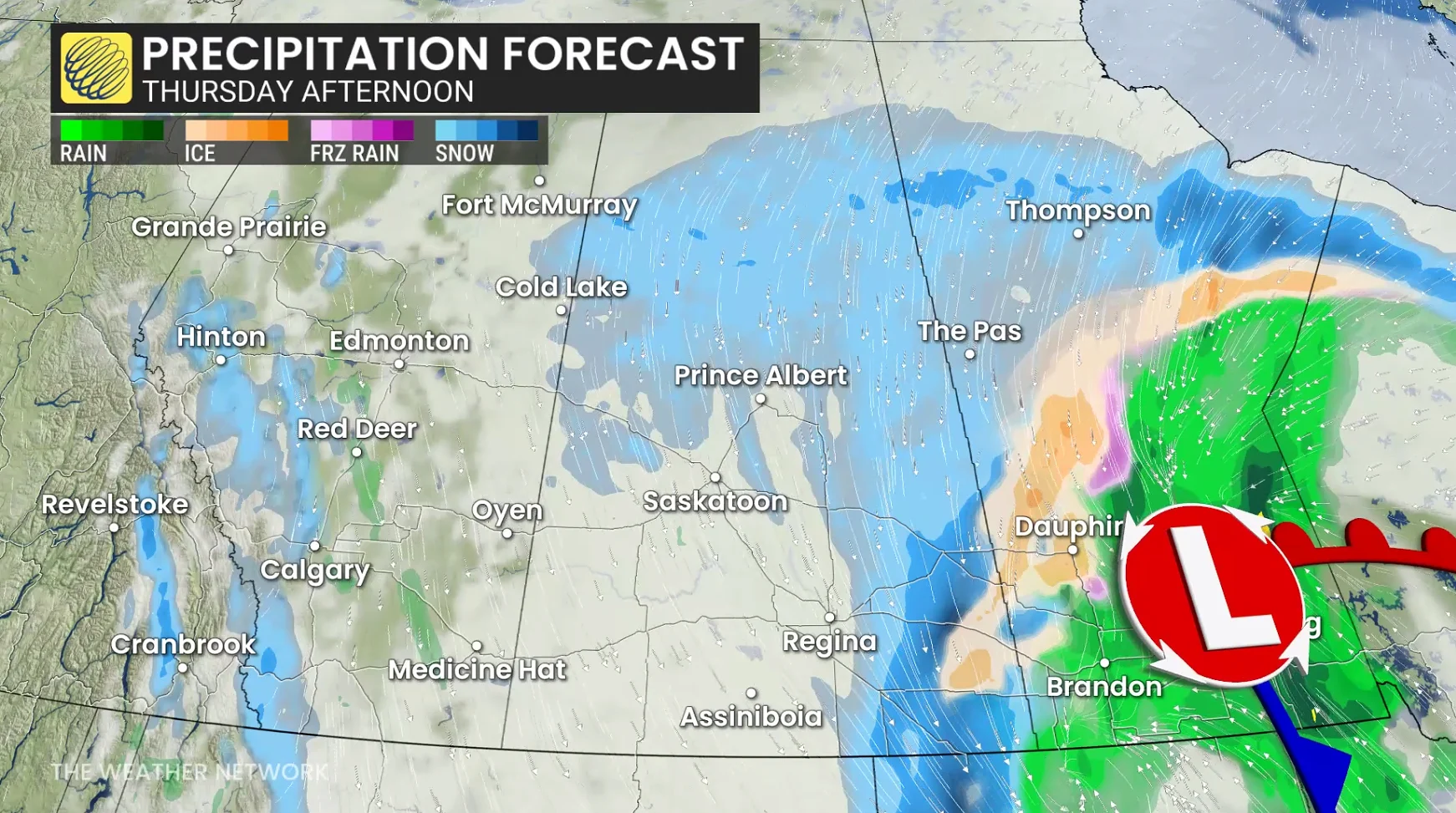 Prairies precipitation timing Thursday afternoon