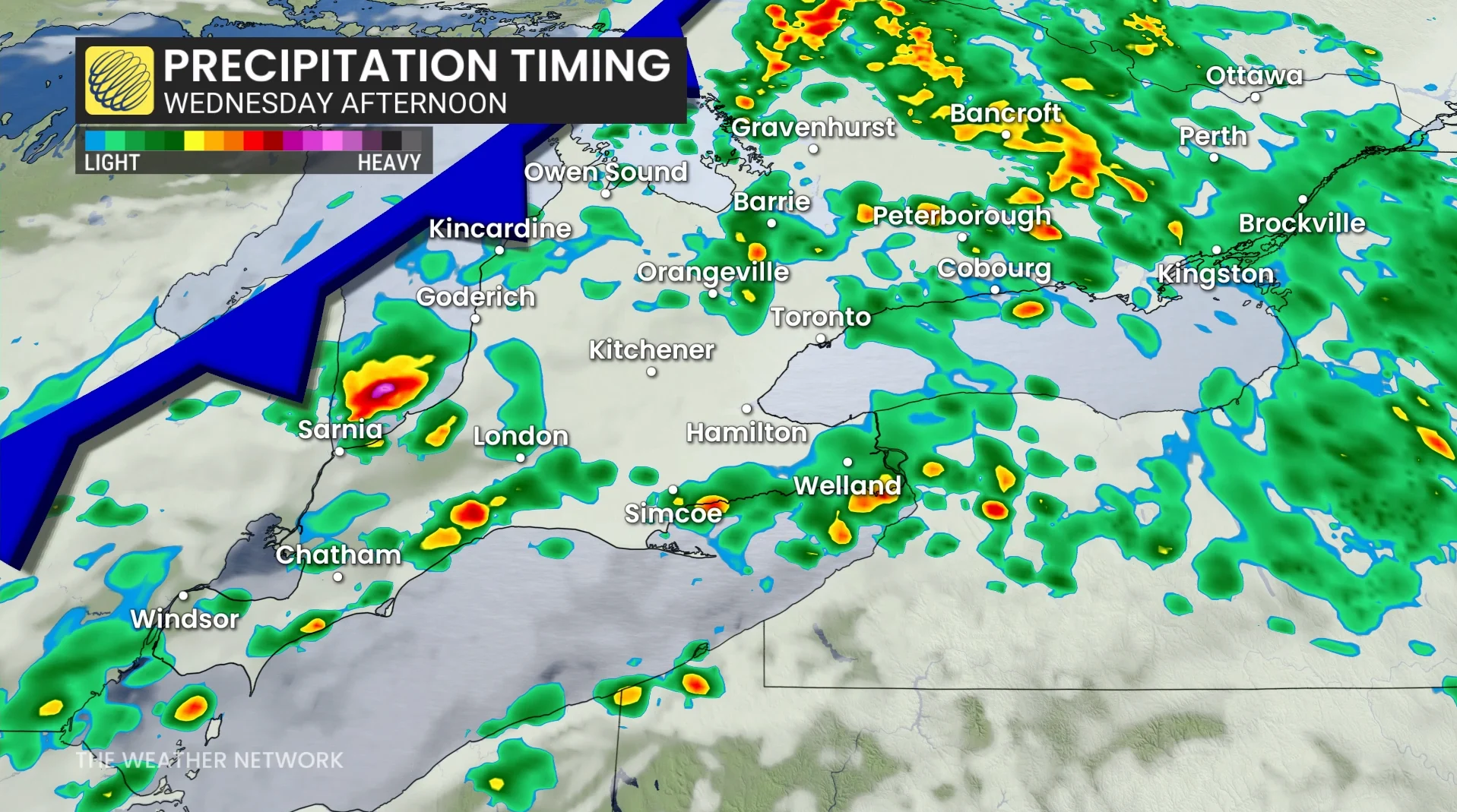 Ontario precipitation timing Wednesday afternoon