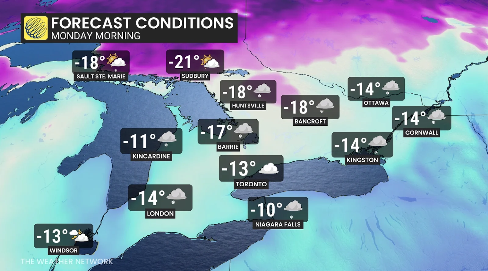 Ontario temperatures Monday morning