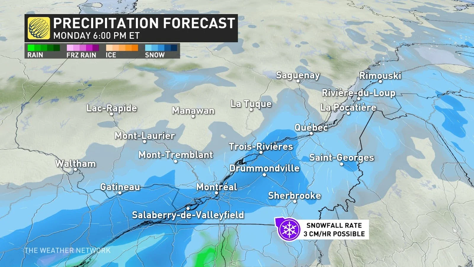 Quebec snowfall 6pm Monday