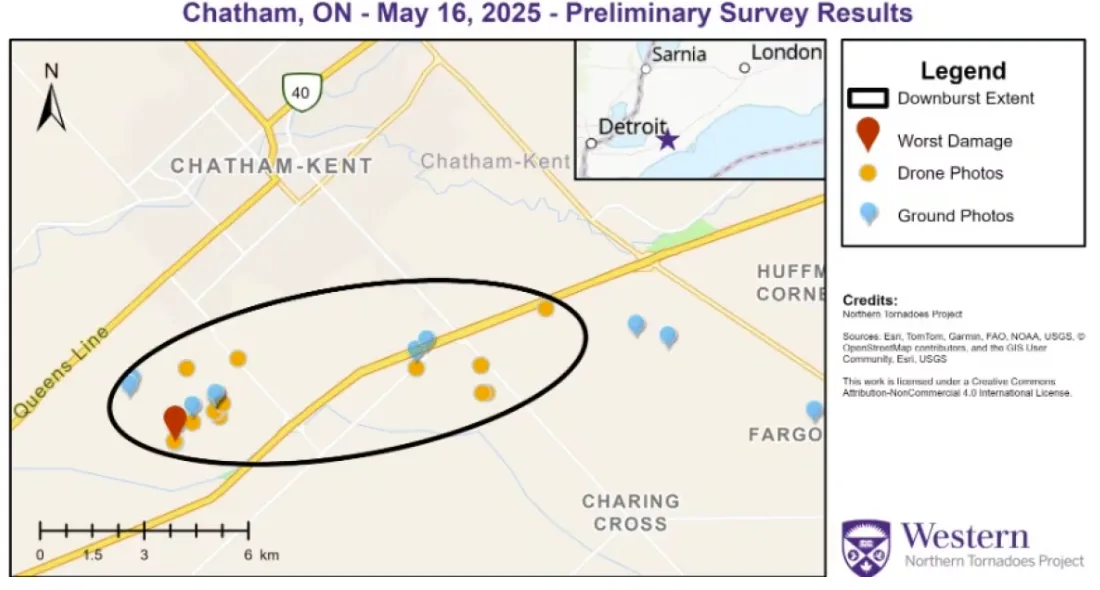 CBC: Map put out by Western University researchers lays out the path of damage a downburst left in Chatham-Kent, Ont. (Northern Tornadoes Project)
