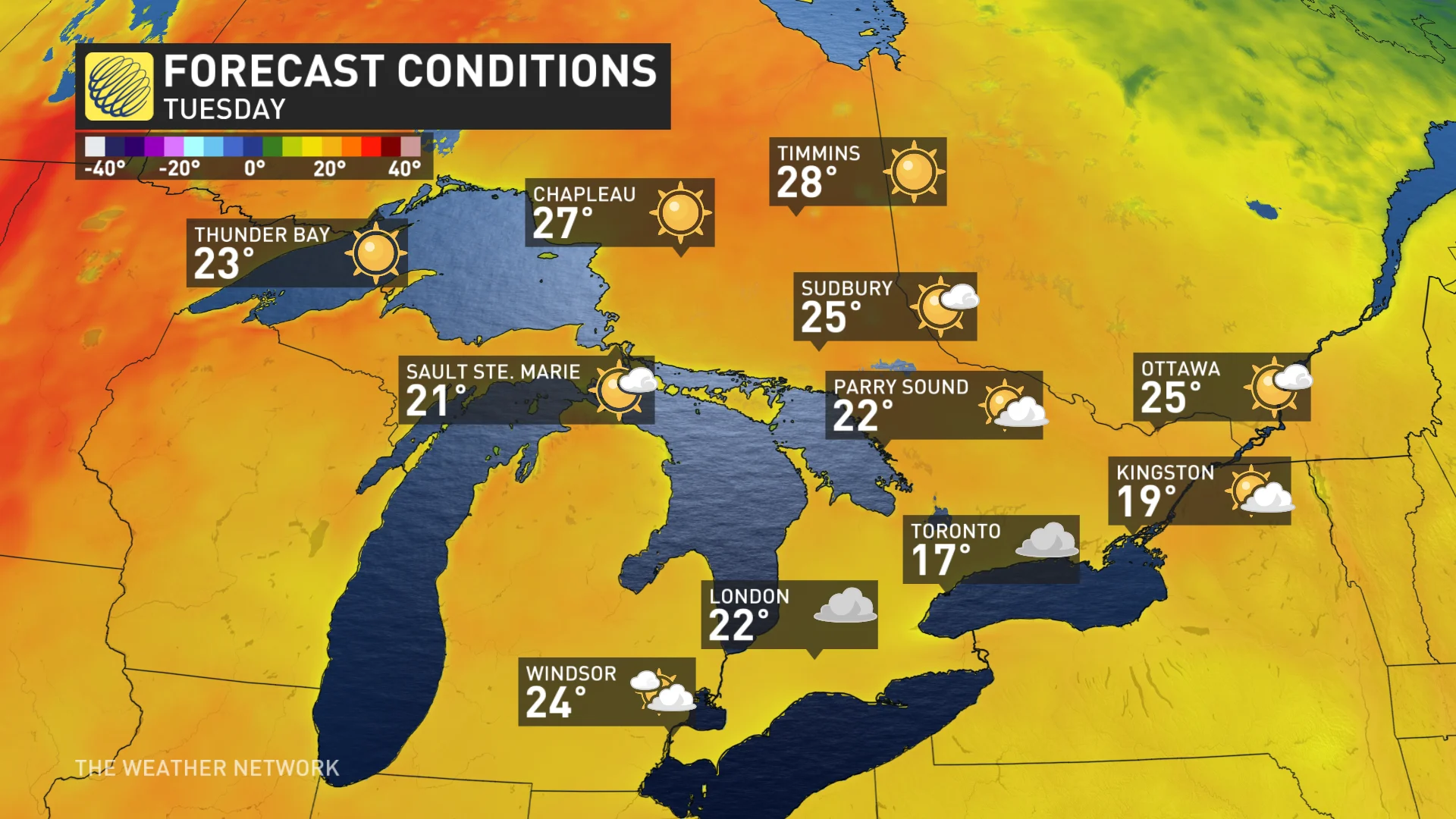 Ontario Tuesday temperatures and icons