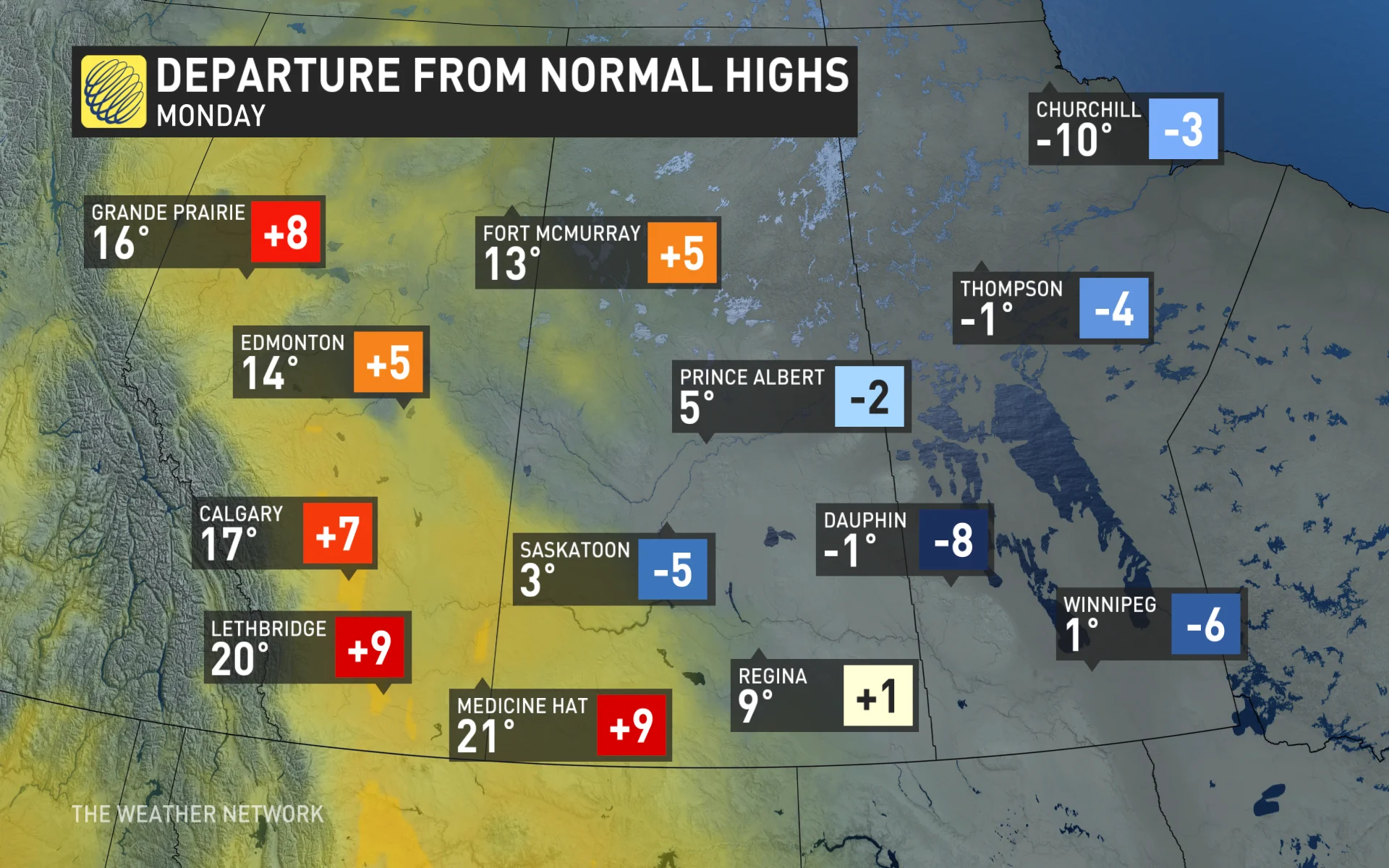 Prairies Monday temperatures and departures from normal highs