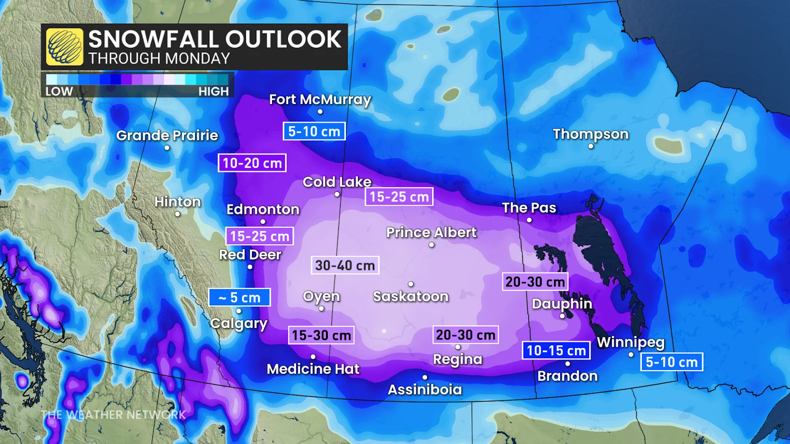 Prairies snowfall outlook through Monday