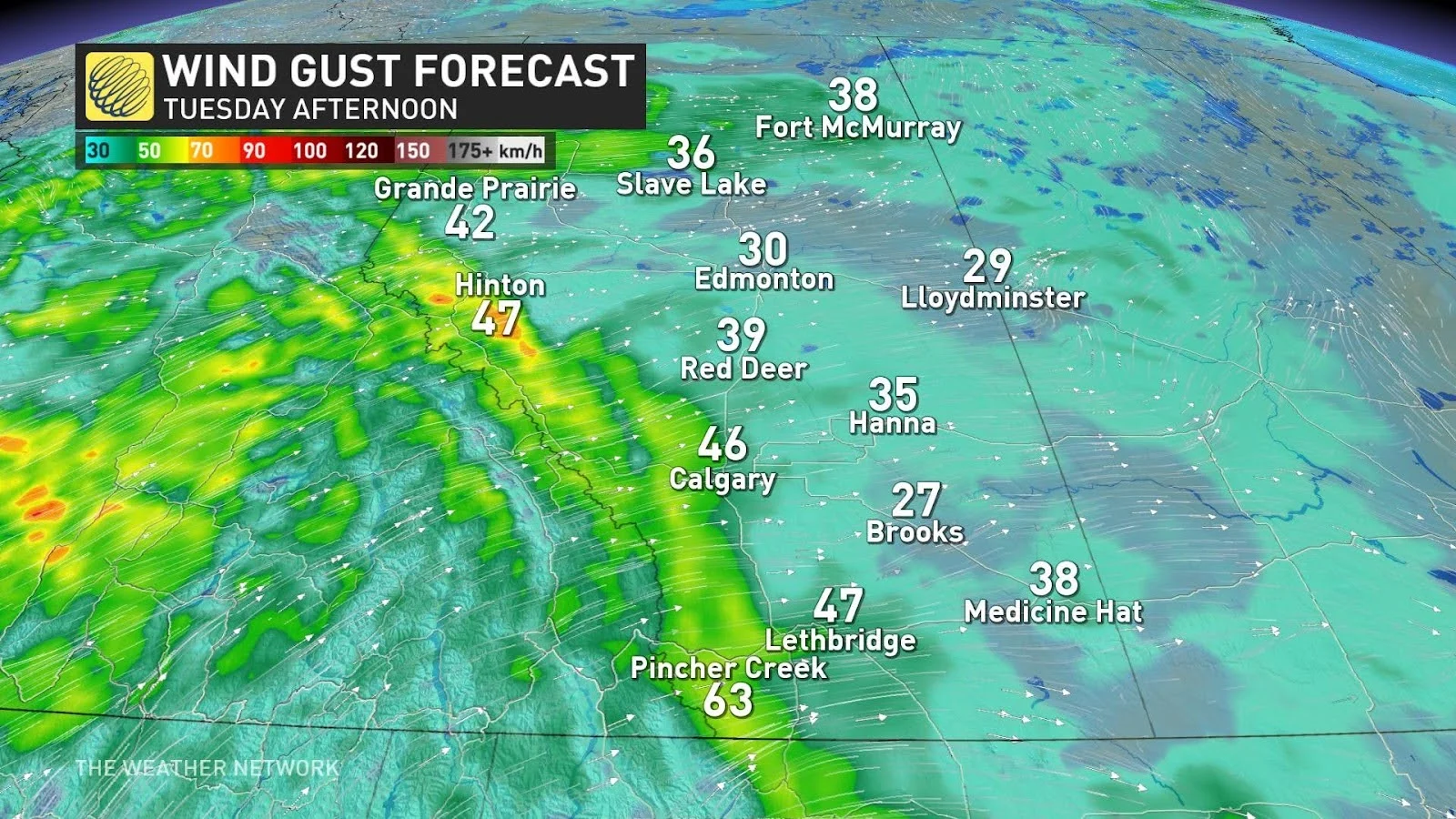 Alberta wind gusts Tuesday afternoon