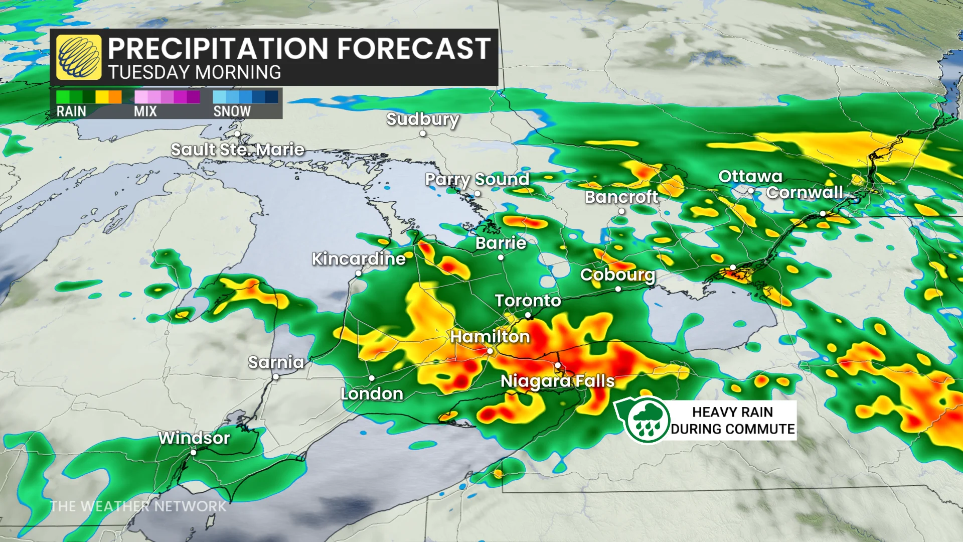 Ontario precipitation timing Tuesday morning