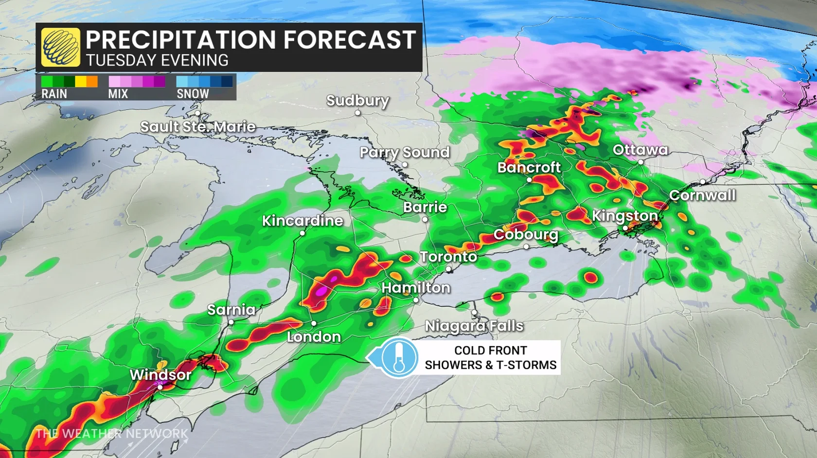 Ontario precipitation timing Tuesday evening