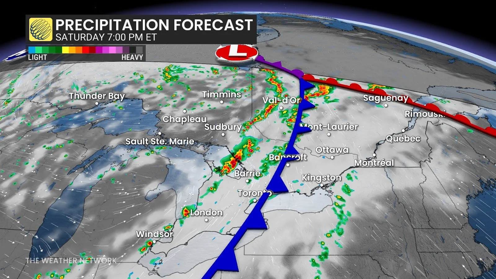 Ontario/Quebec Saturday 7 pm forecast storms and precipitation - Aug. 23, 2025