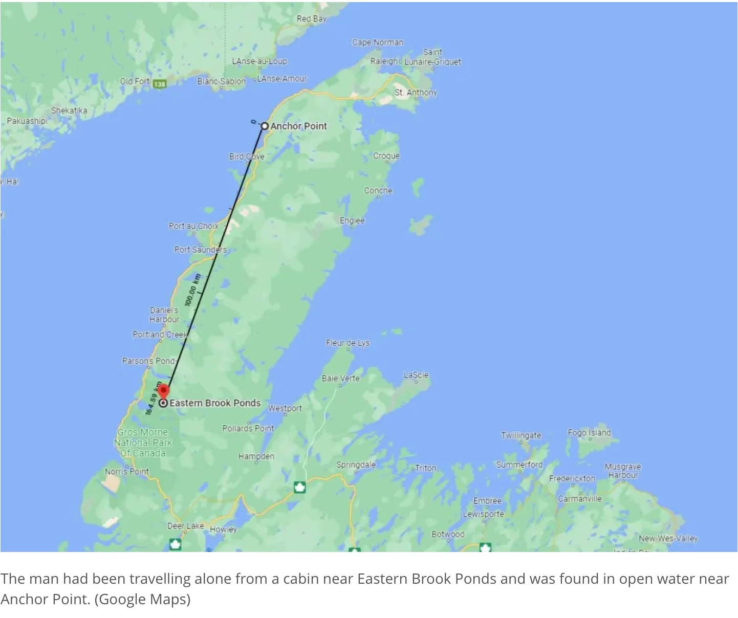 Google Maps: The man had been travelling alone from a cabin near Eastern Brook Ponds and was found in open water near Anchor Point. (Google Maps)