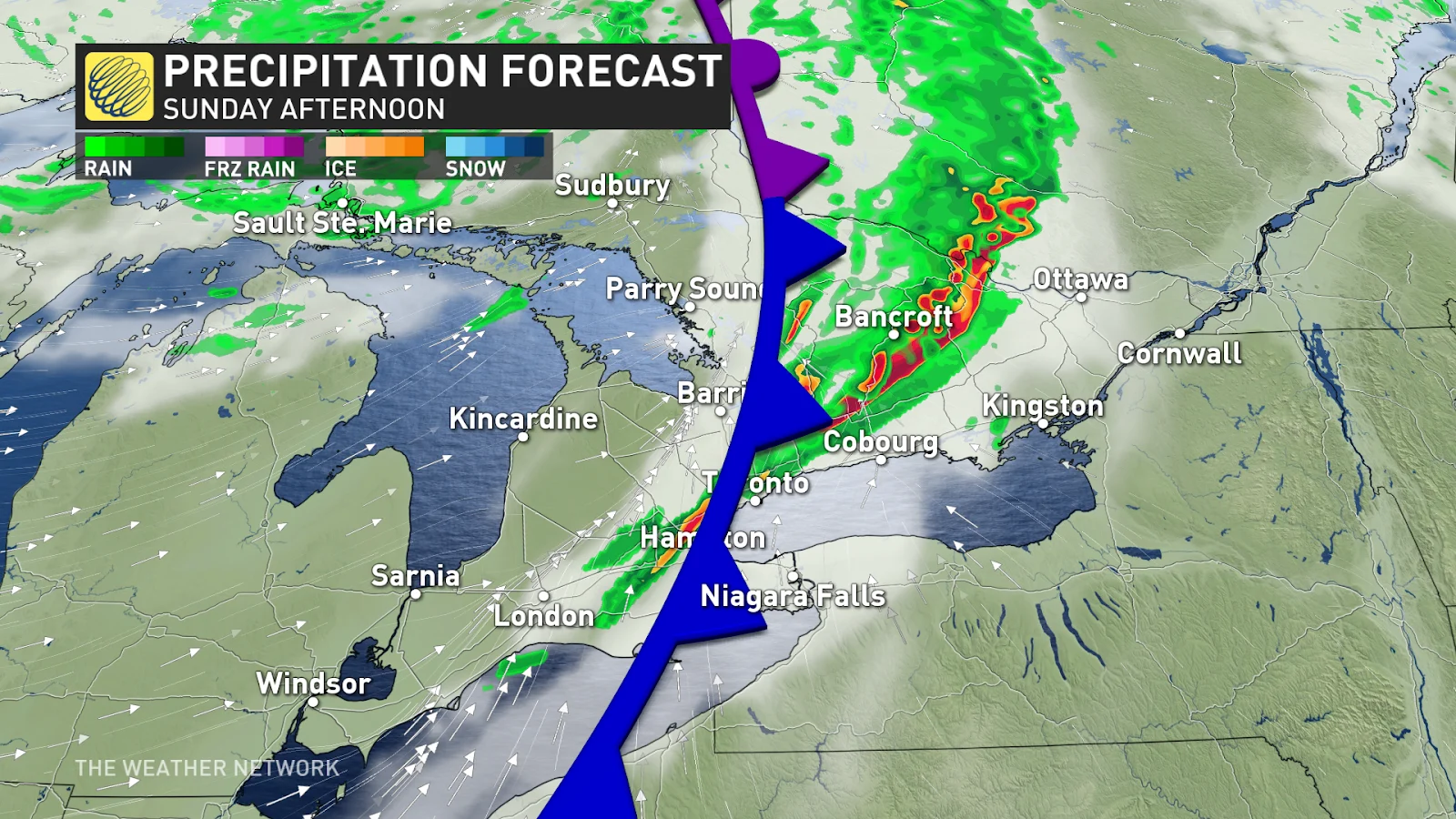 Ontario front precipitation Sunday afternoon