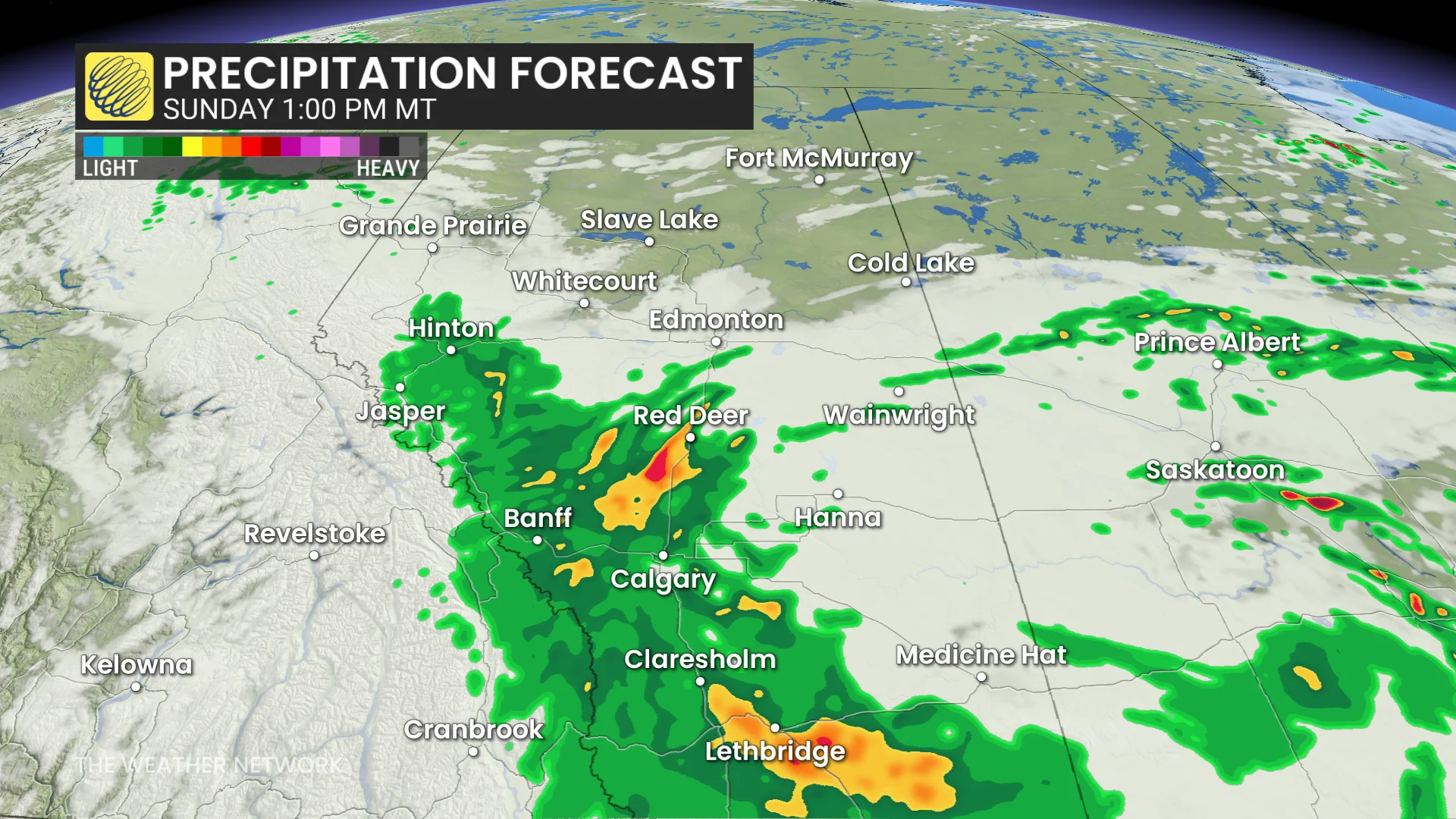 Alberta precipitation timing Sunday afternoon