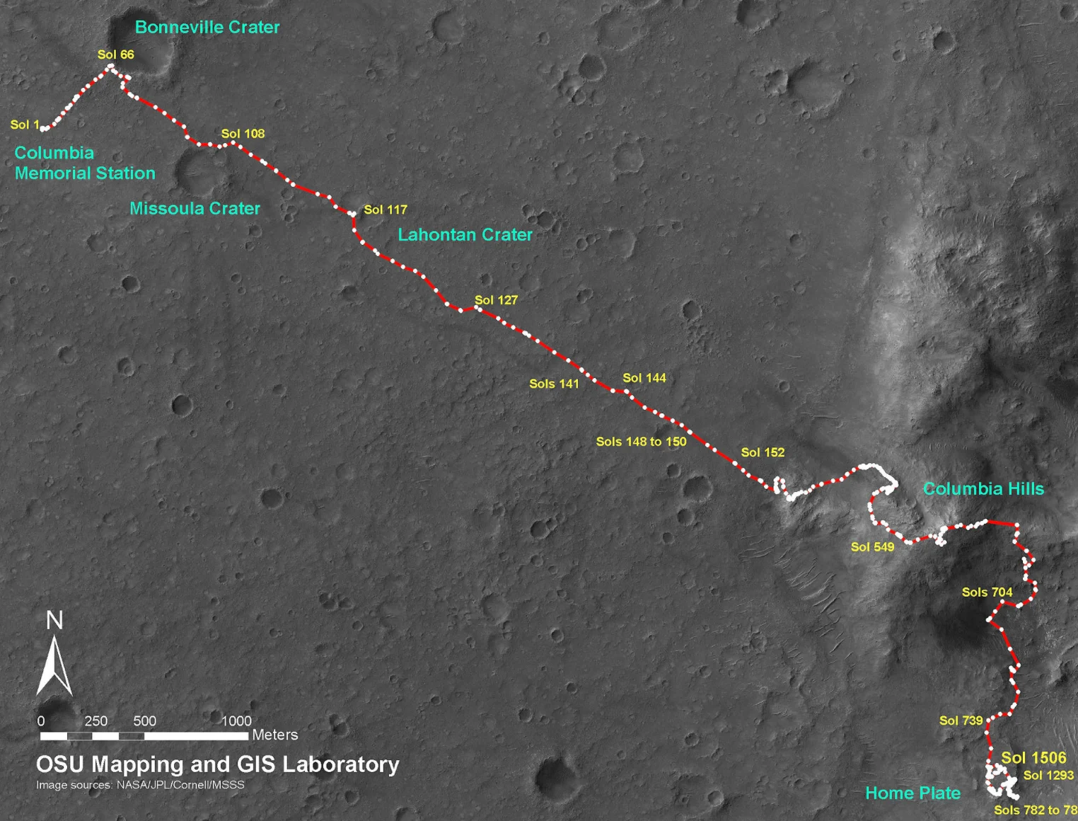 Map of the movement of the Spirit rover up to 2008.