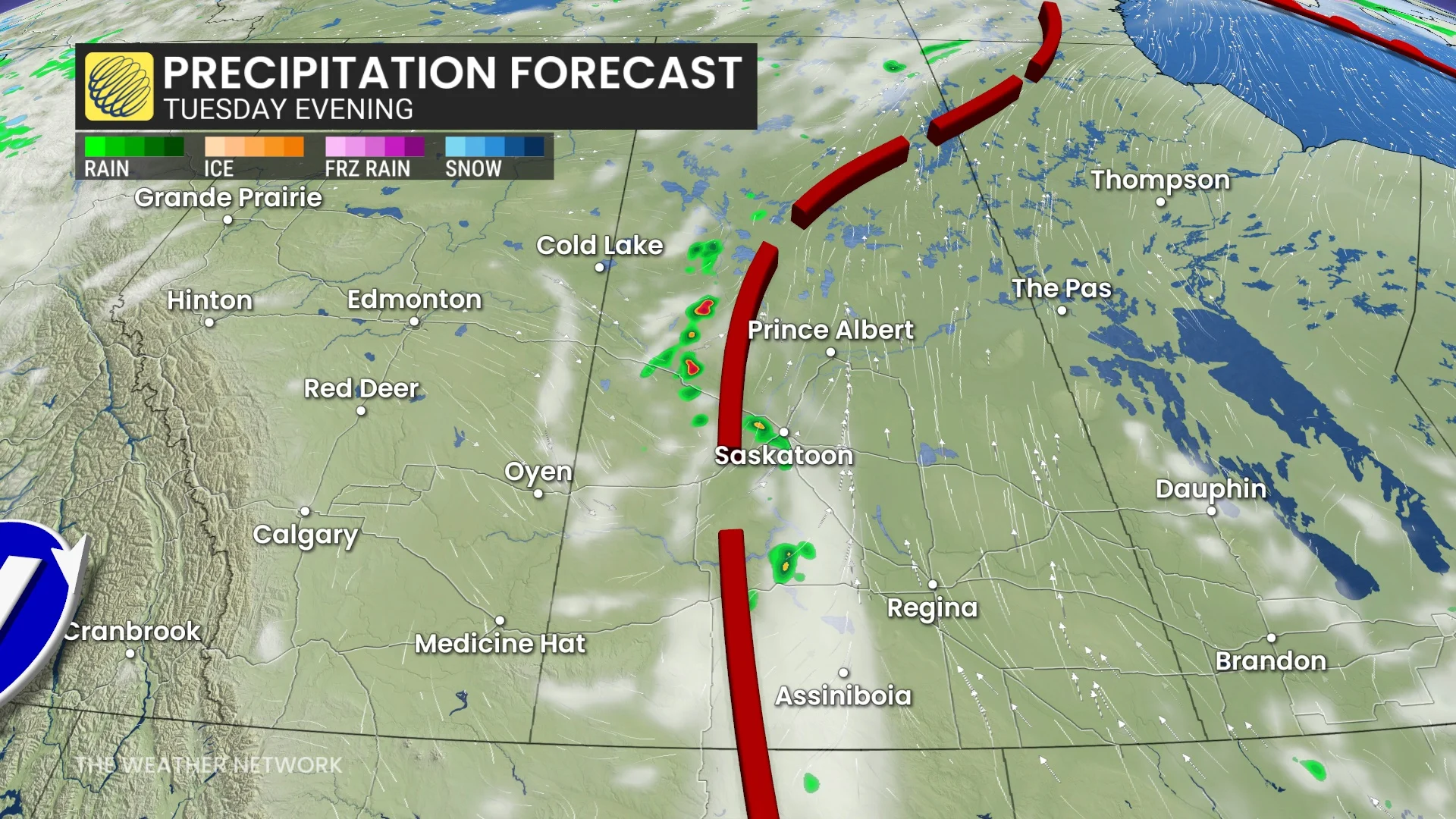 Saskatchewan Tuesday evening precipitation timing