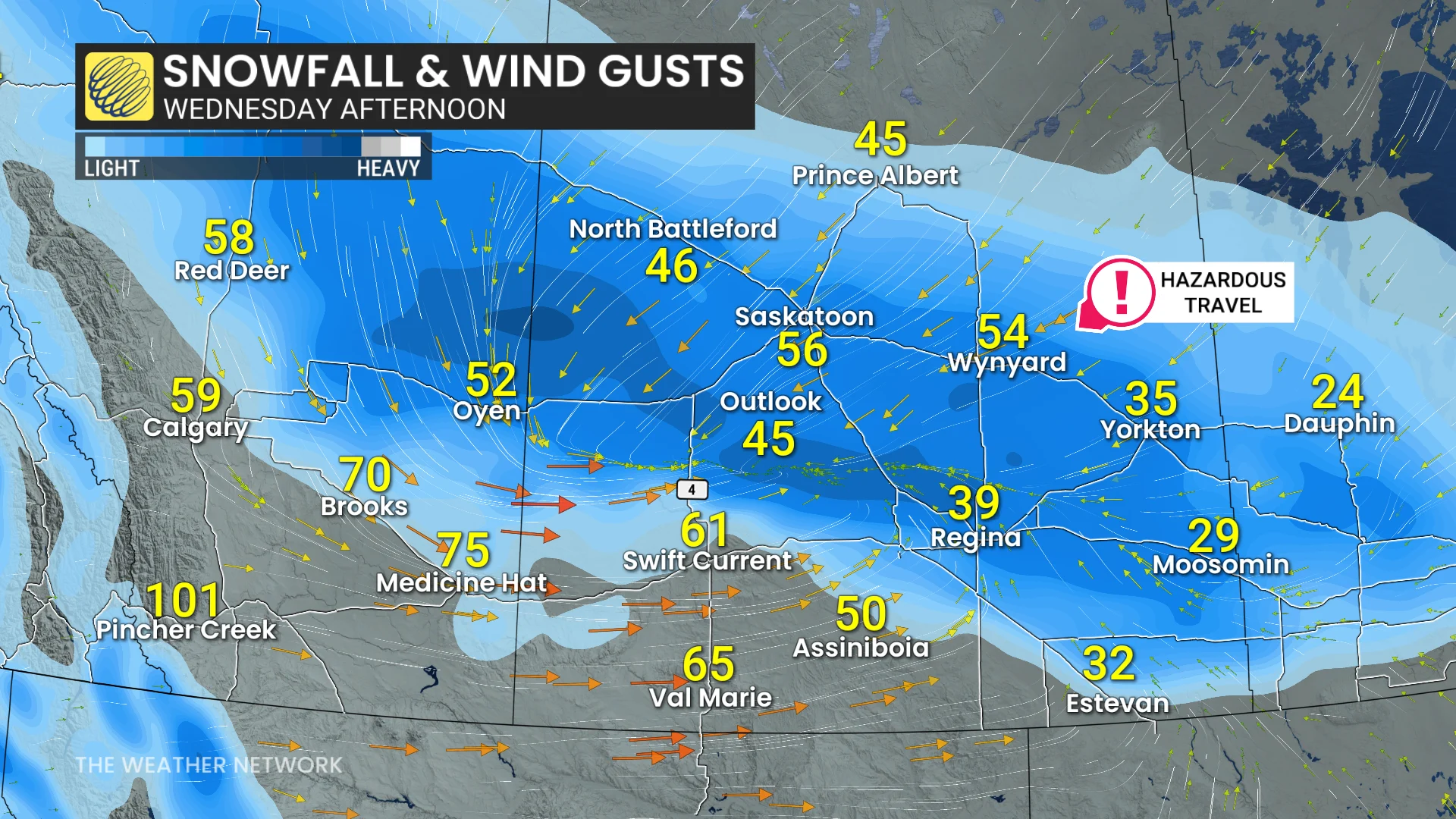 Prairies wind and snowfall Wednesday afternoon