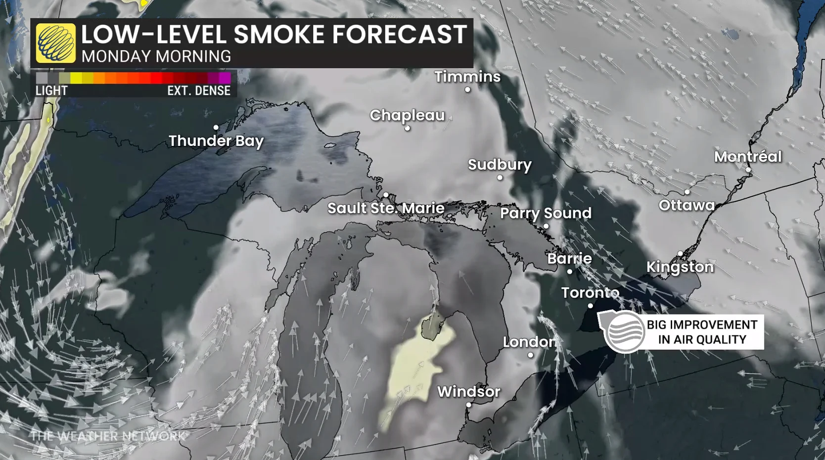 Ontario low-level smoke forecast Monday morning