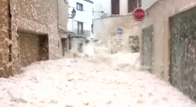Sea foam floods streets in Spanish town after Storm Gloria