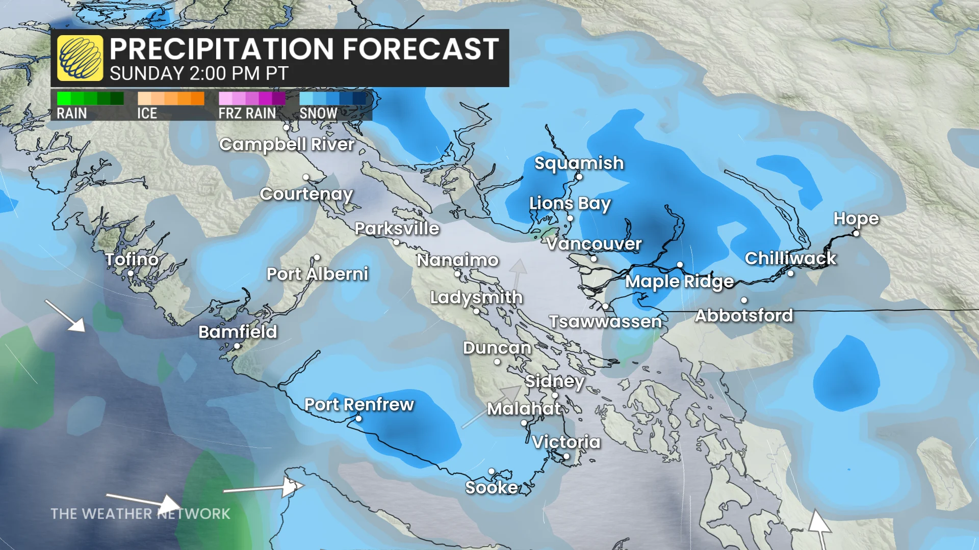 B.C. precipitation timing Sunday 2 pm PST