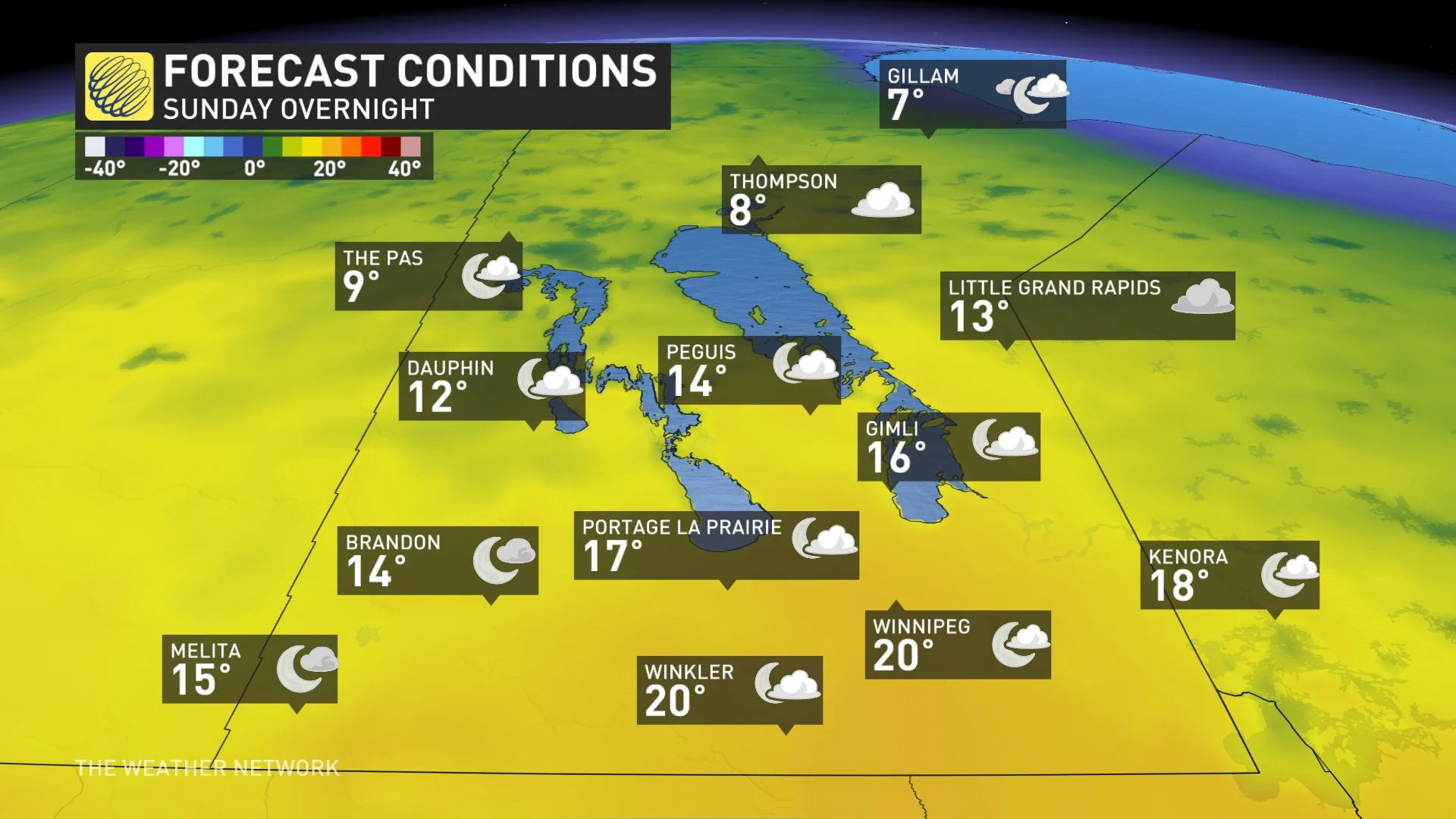 Manitoba Sunday overnight temperatures and icons