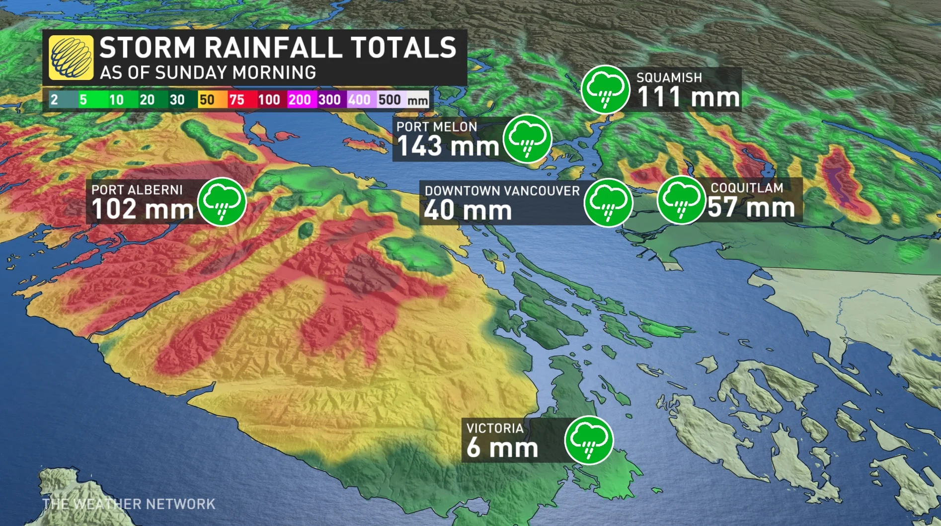 B.C. rainfall totals as of Sunday morning
