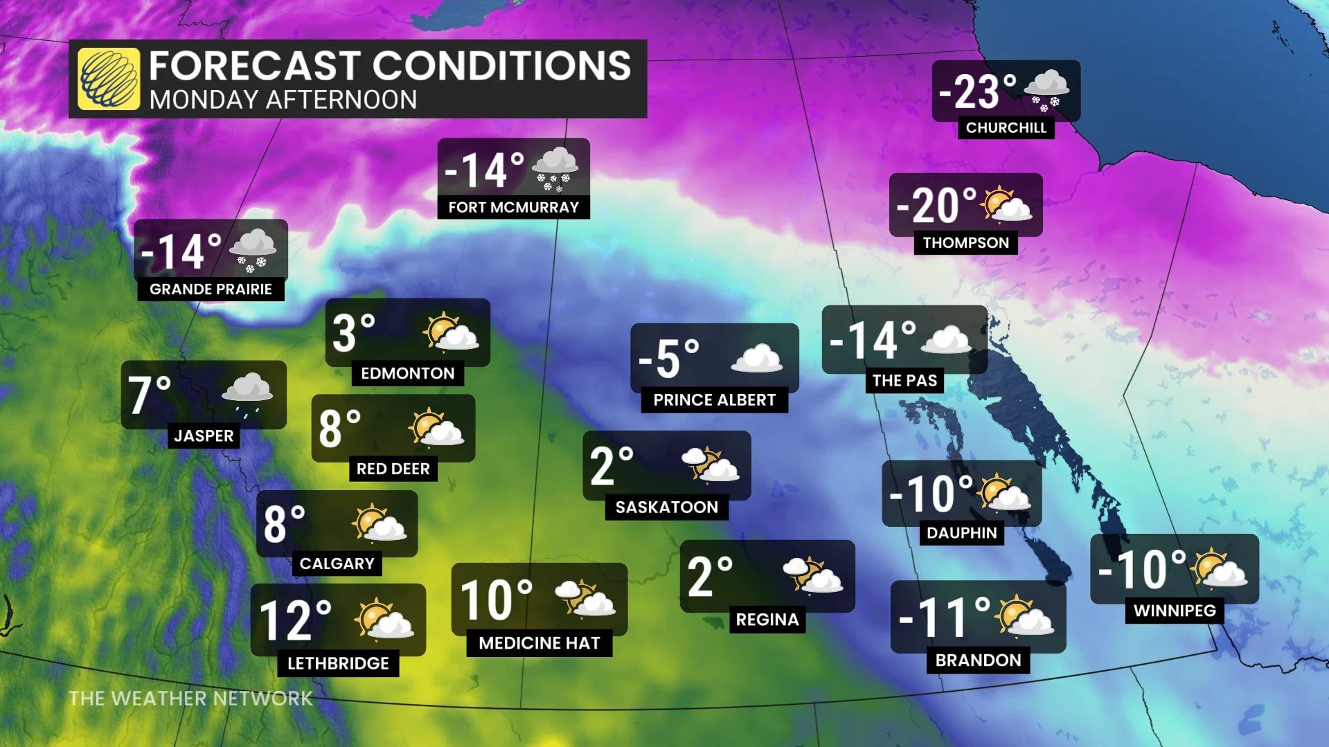 Prairies temperature gradient Monday