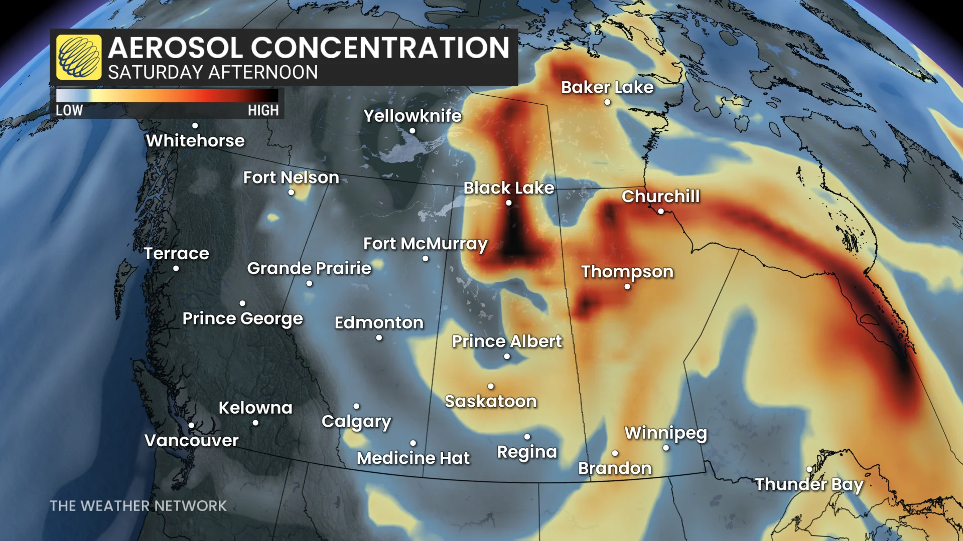 Aerosol concentration Saturday afternoon on the Prairies