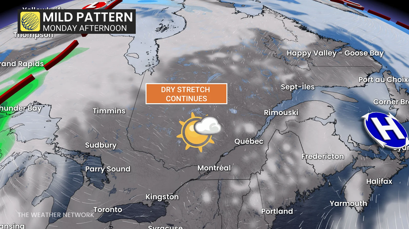 Quebec precipitation timing Monday afternoon