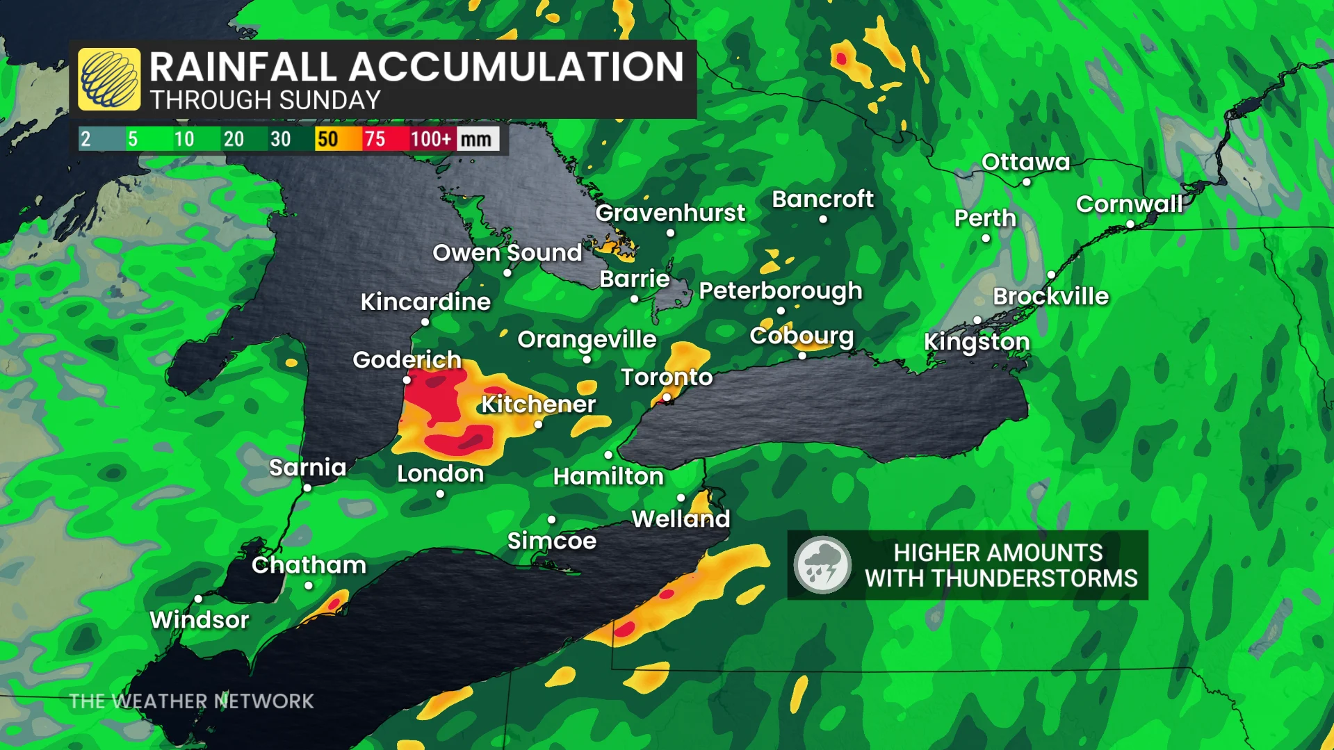 Ontario forecast rain totals through Sunday - Aug. 22, 2026