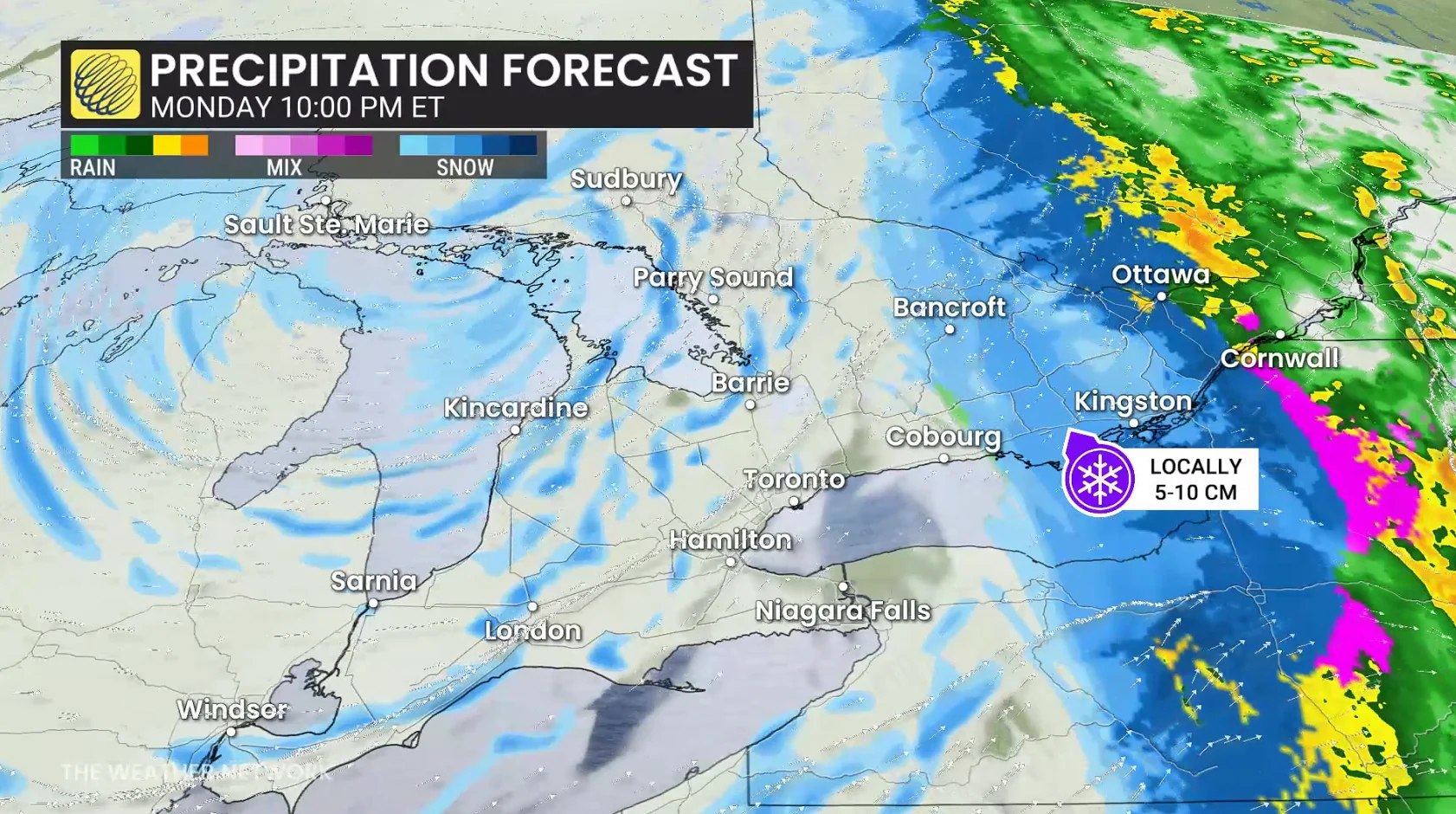 Ontario precipitation timing Monday night