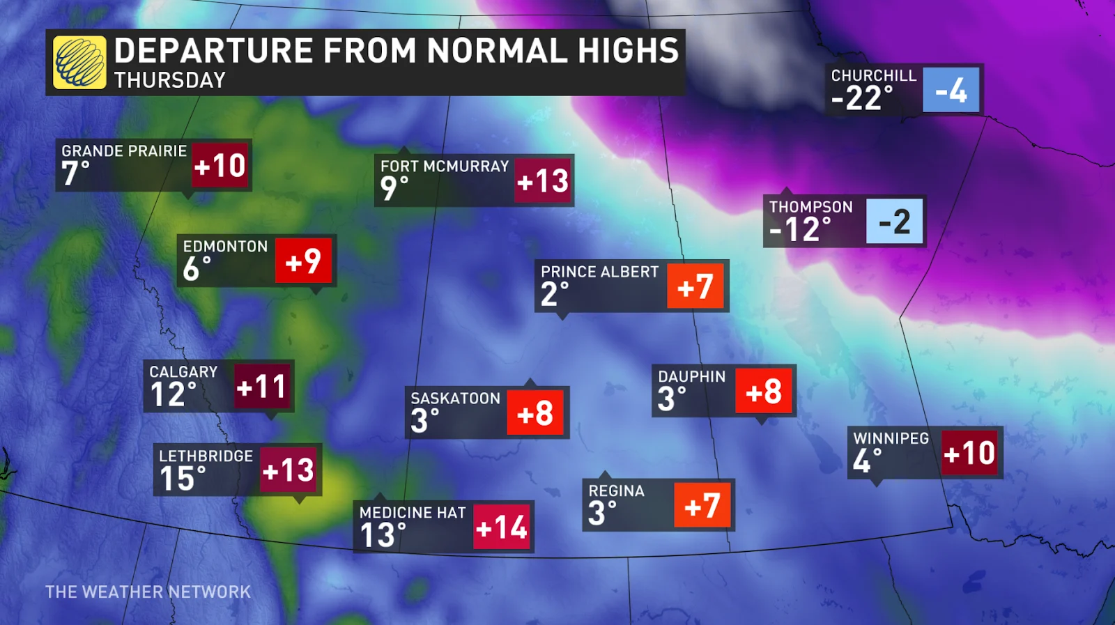 Prairies temperature departure Thursday