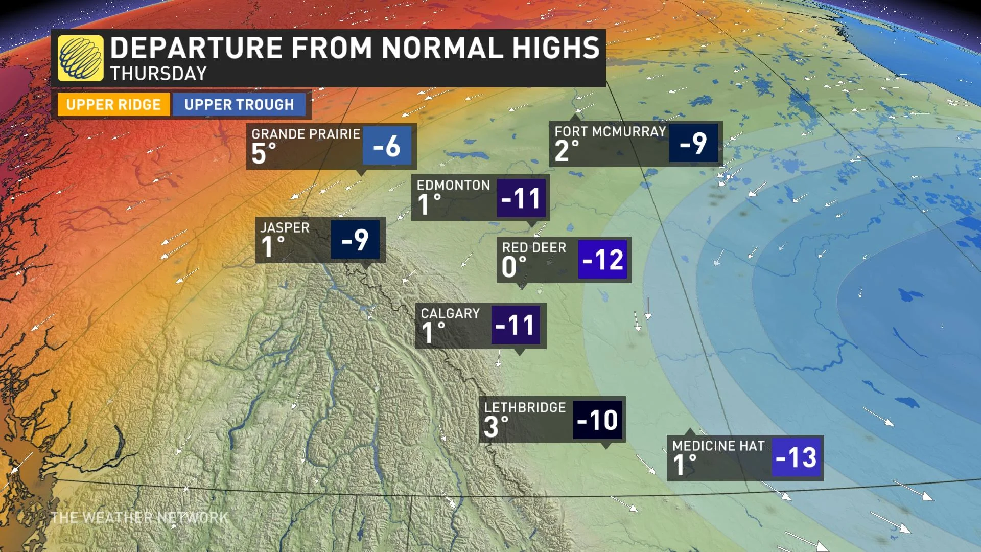 Departure from normal temperatures in Alberta for Thursday _ April 15