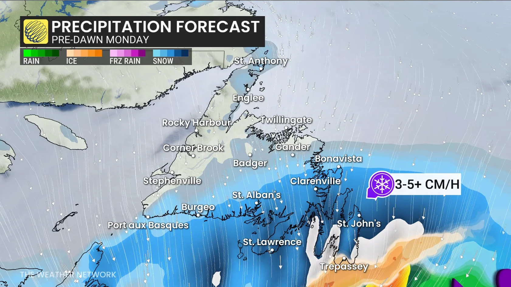 Atlantic Canada Precipitation Forecast Pre-Dawn Monday