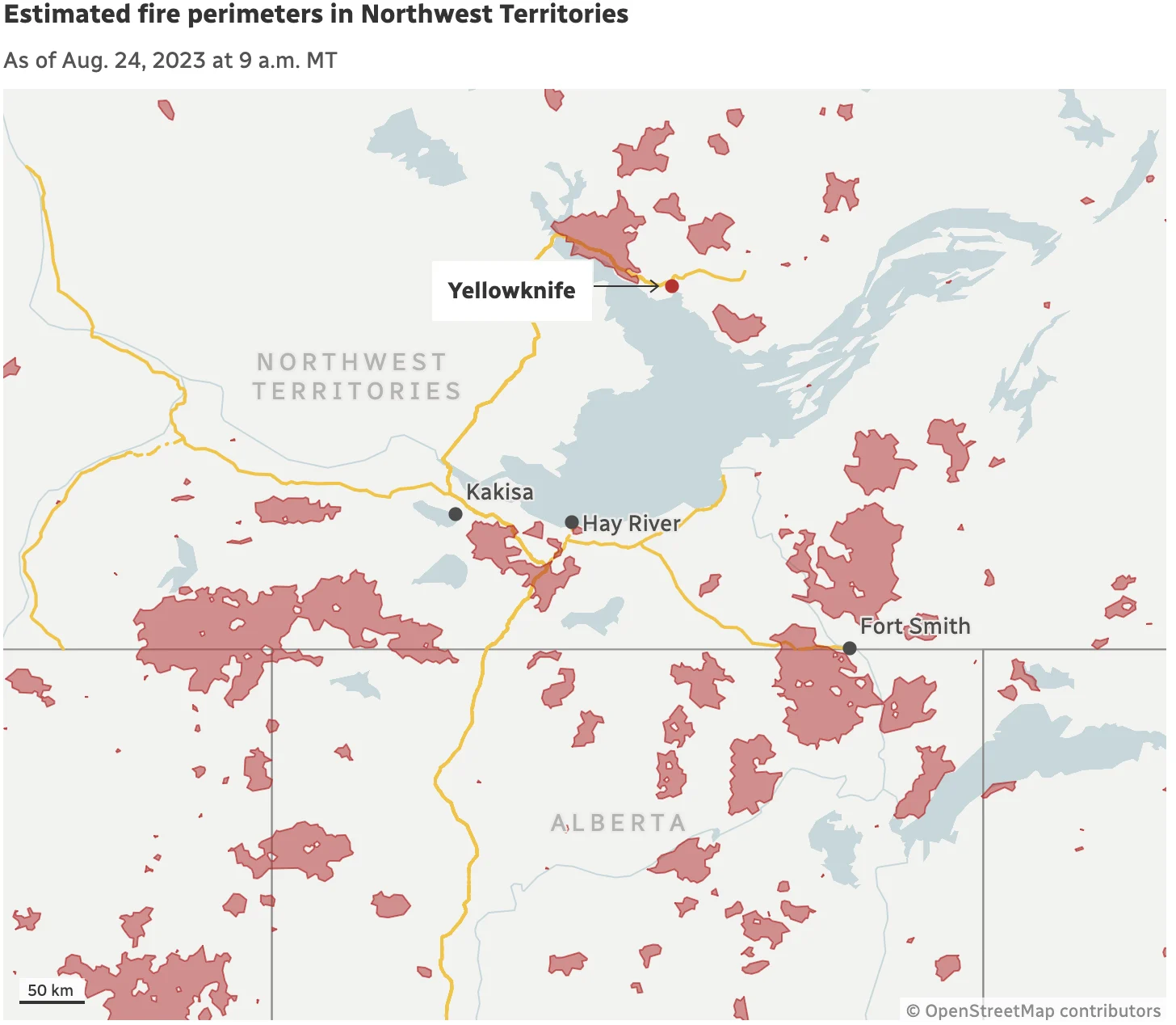 CBC/Natural Resources Canada: Estimated Wildfire perimeters in the Northwest Territories (Aug 23, 2023)