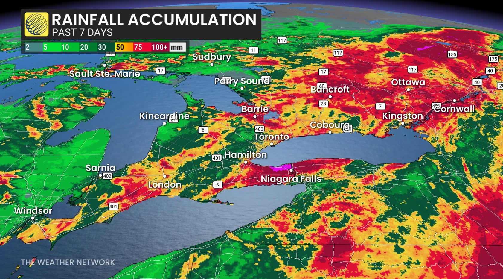 Ontario rainfall totals over past seven days