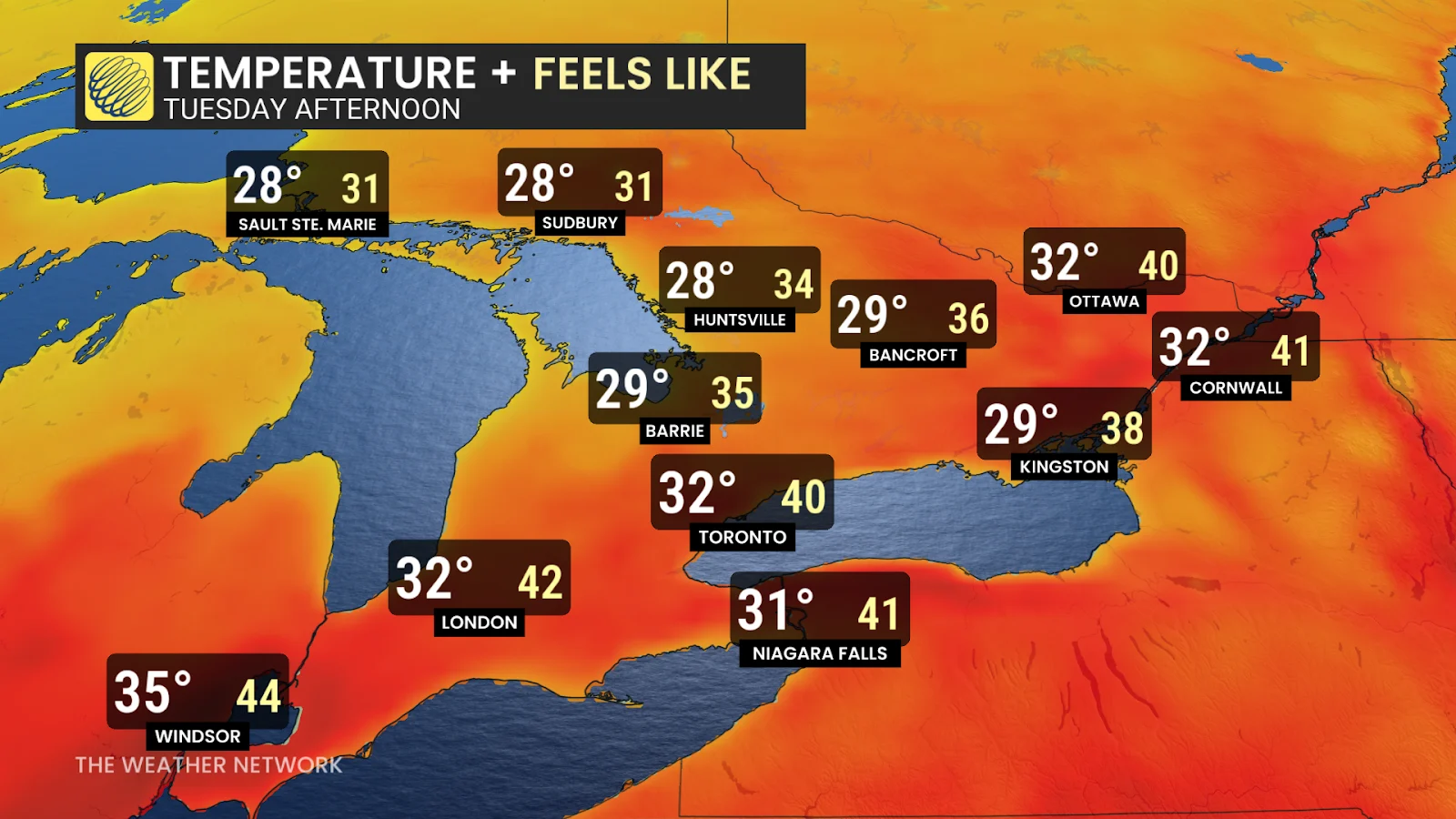 Ontario Tuesday afternoon temperatures and humidex - June 23, 2025