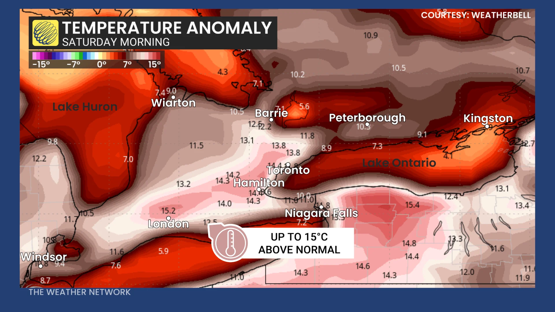 Ontario temperature anomaly Saturday morning