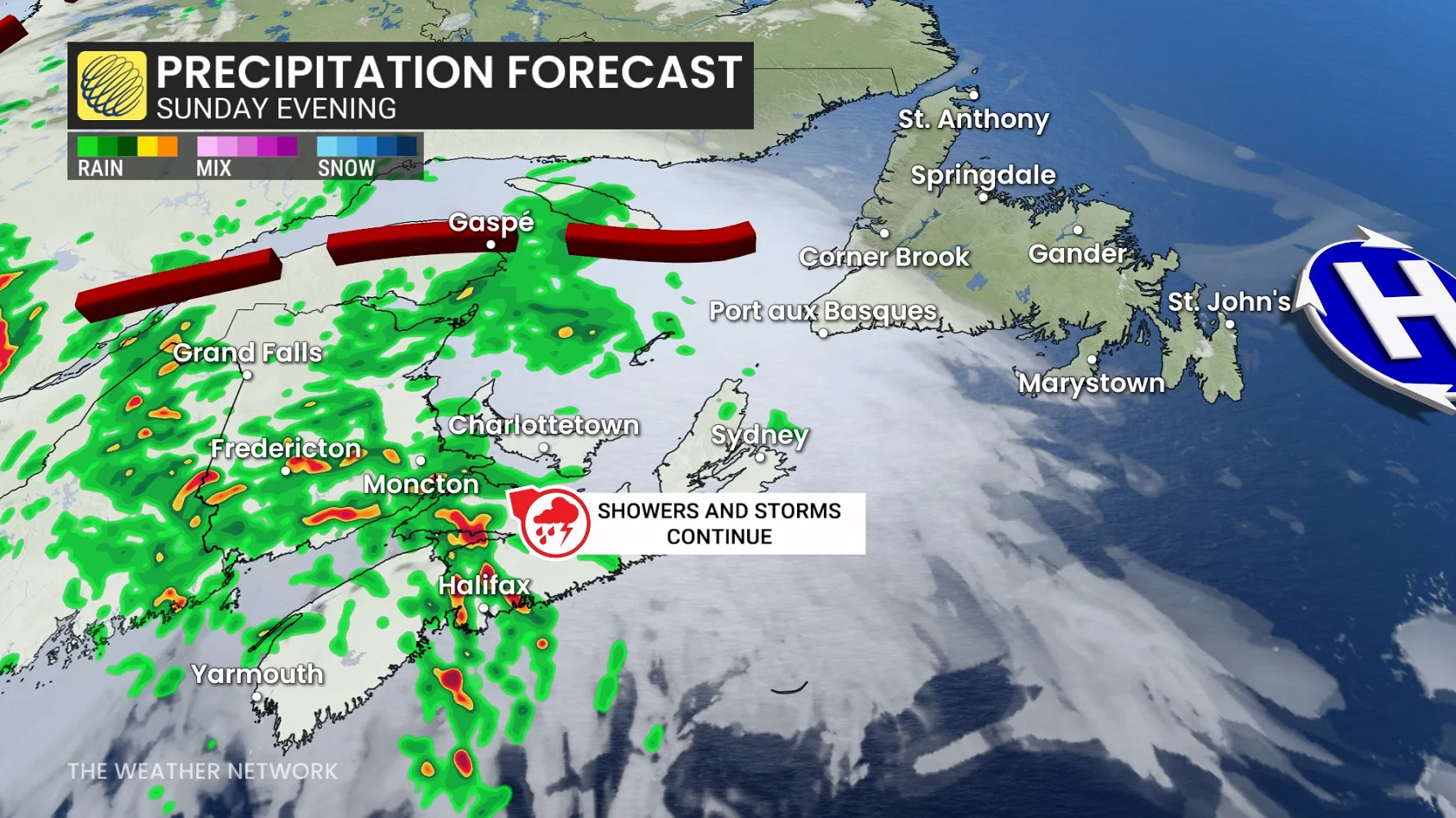 Atlantic Canada precipitation forecast Sunday evening