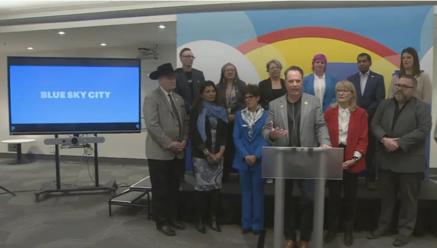 CBC: Representatives from various partner organizations — including Tourism Calgary and Calgary Economic Development — gathered on Wednesday to unveil Calgary's new brand: 'Blue Sky City.' (James Young/CBC)