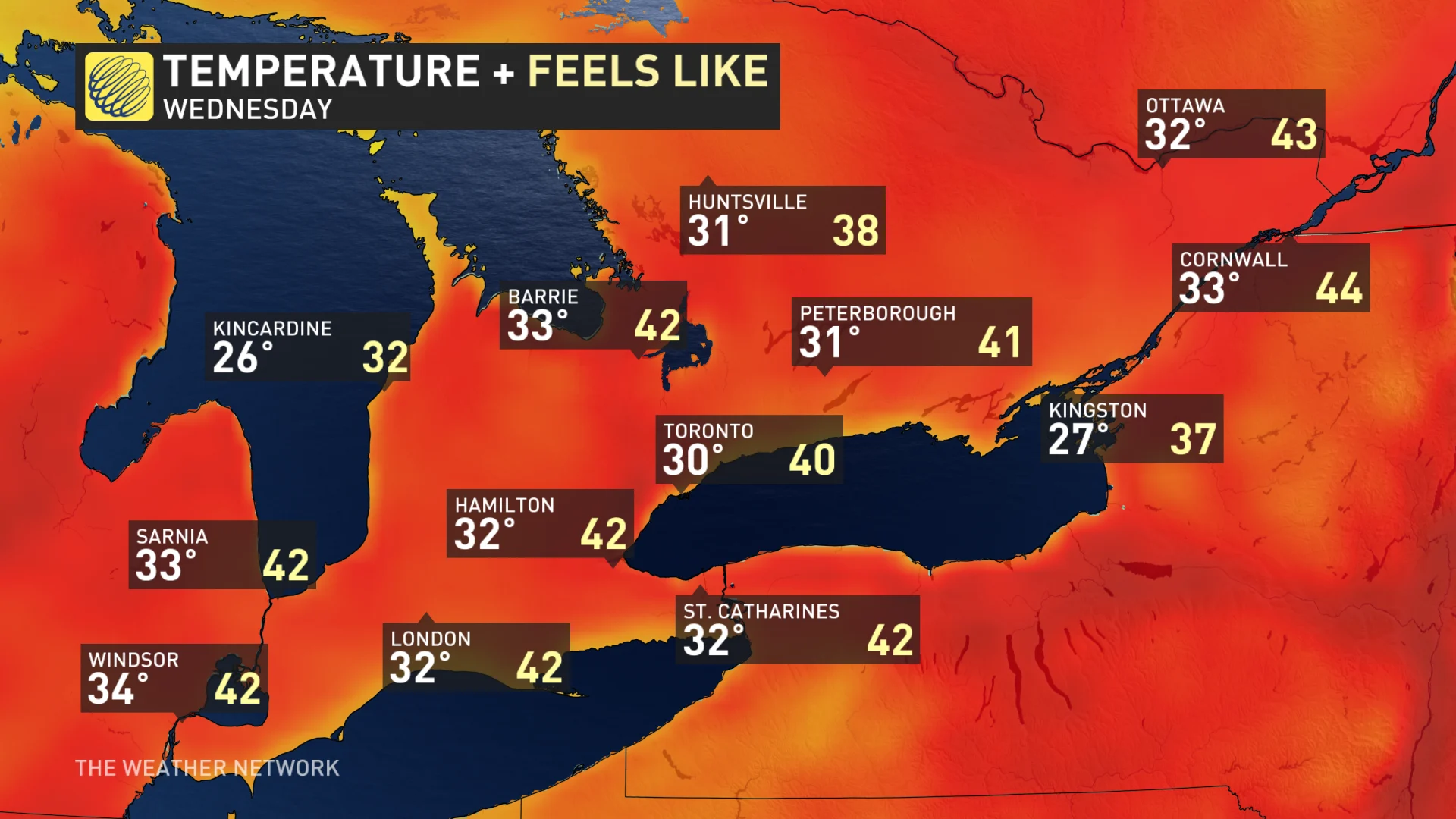 Wednesday southern Ontario and Quebec temperatures and feels like_June 18