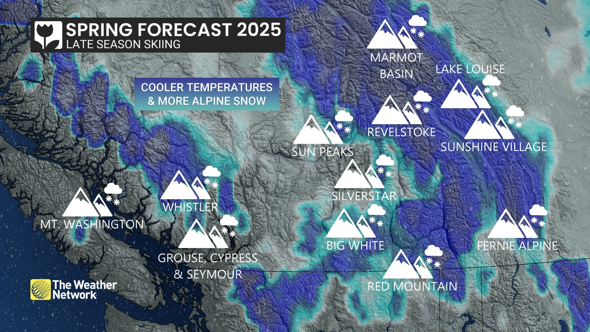 Late-season ski and snowboarding ares in western Canada