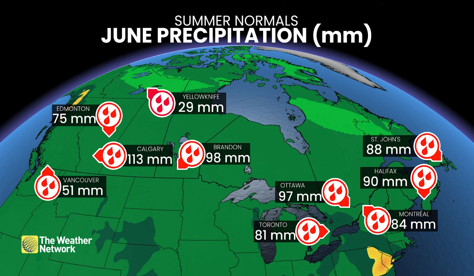 June precipitation normals across Canada