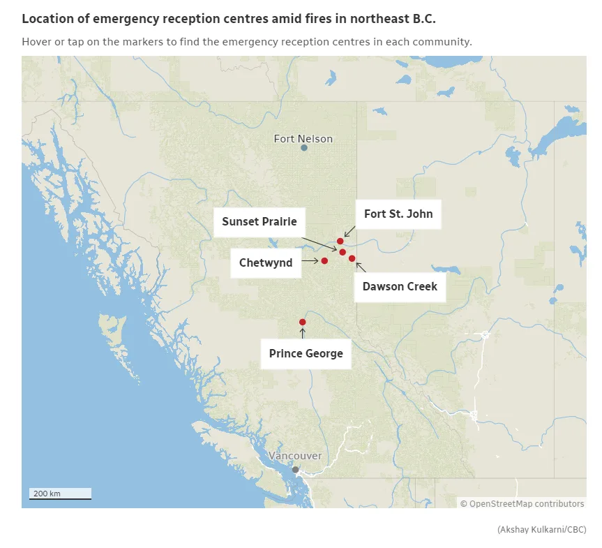 CBC - Location of emergency reception centres amid fires in northeast BC