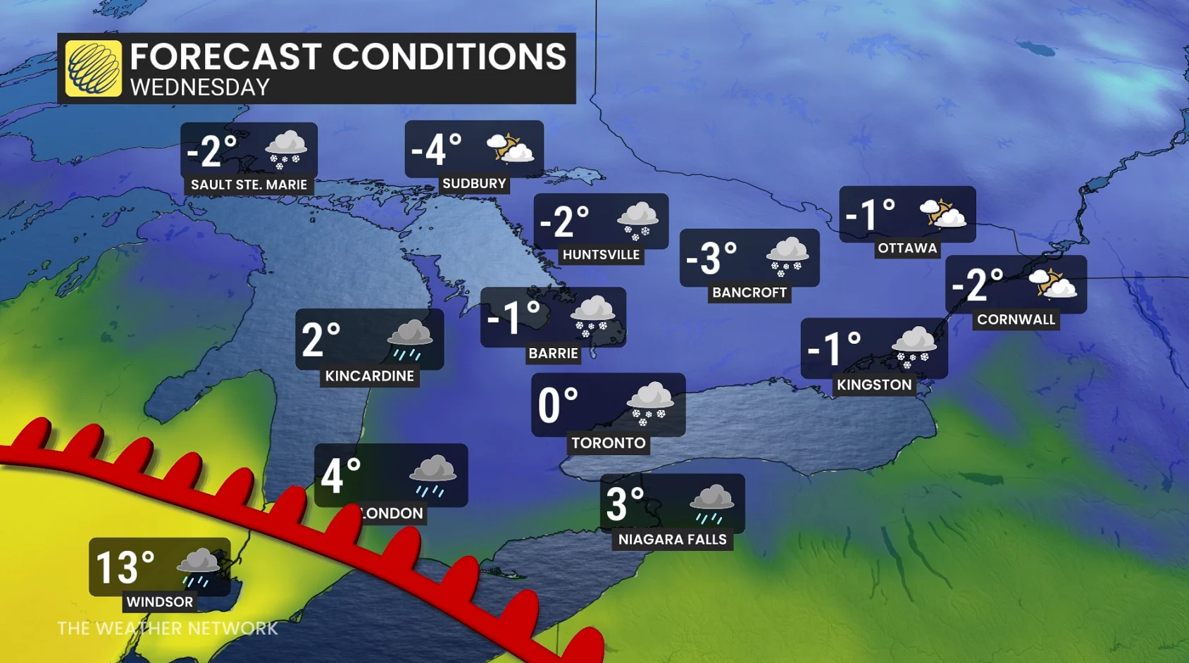Ontario Wednesday temperatures and icons