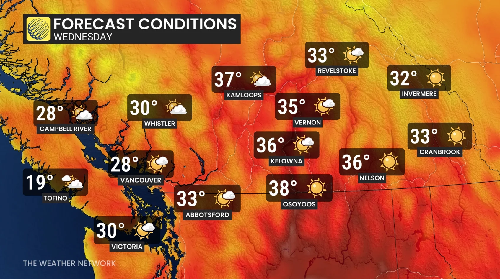 B.C. South Coast + Interior temperatures Wednesday