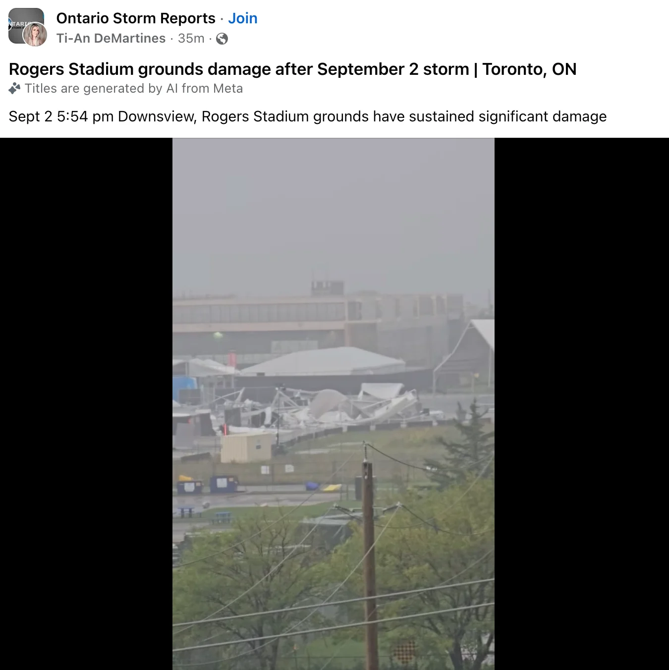 Sept 2 , 2026: at 5:54 pm - permission to use: Downsview, Rogers Stadium grounds have sustained significant damage during thunderstorm