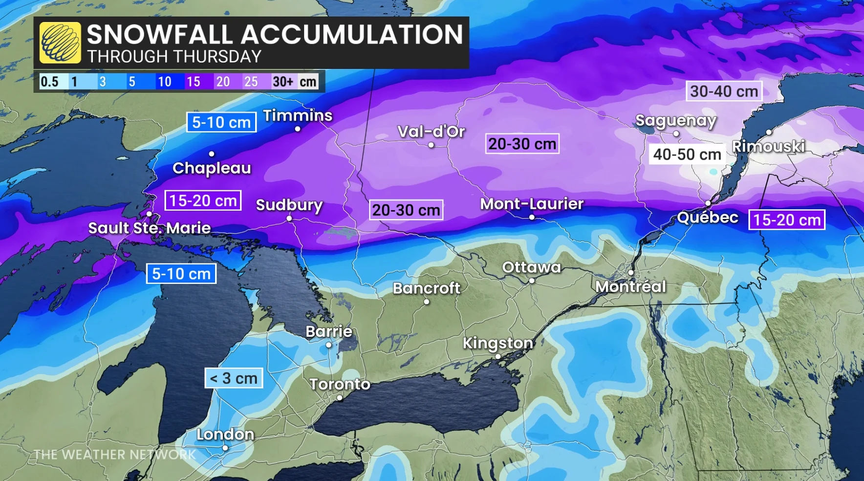 Ontario and Quebec snowfall accumulation through Thursday