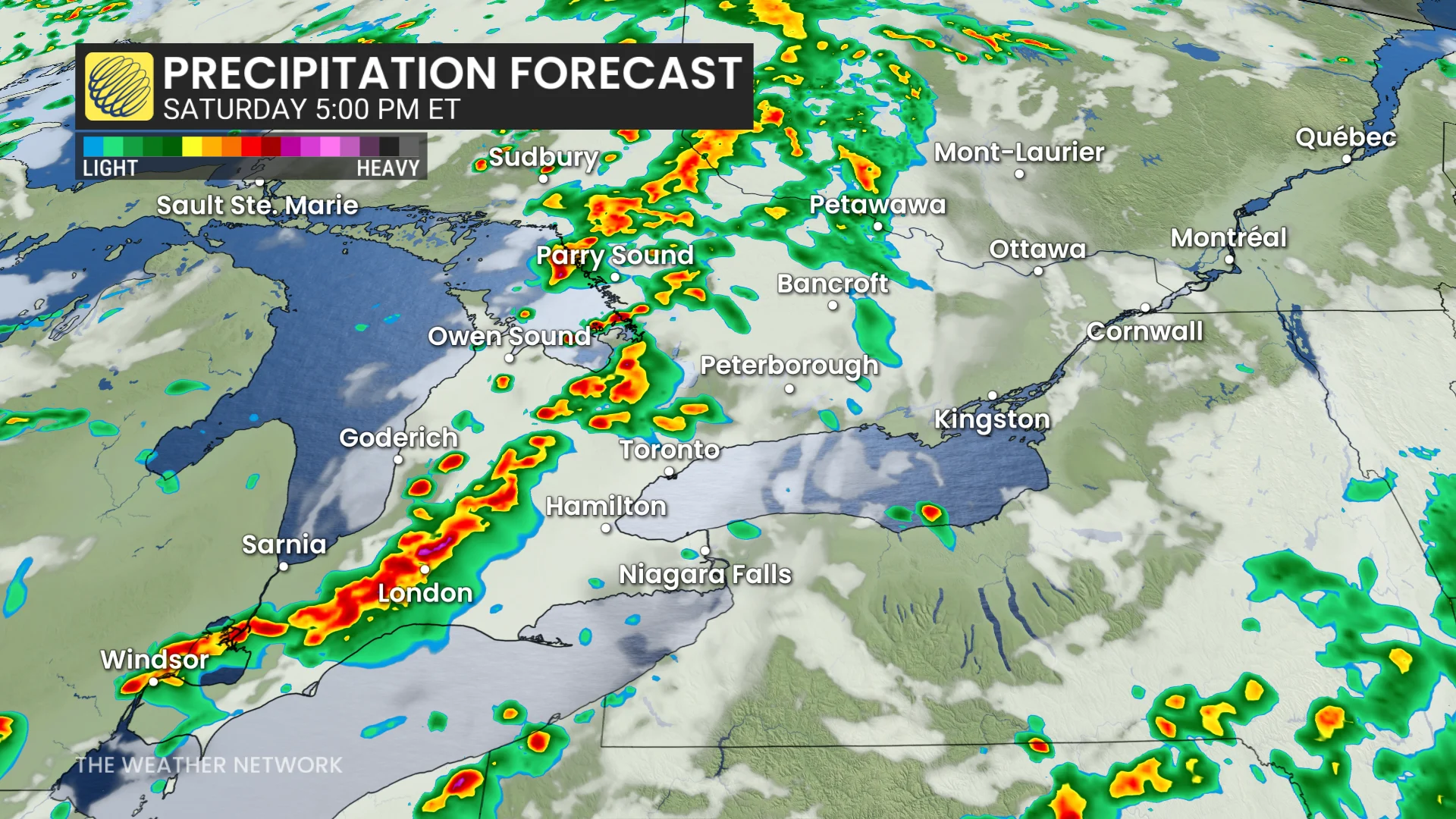 Ontario precipitation timing Saturday evening
