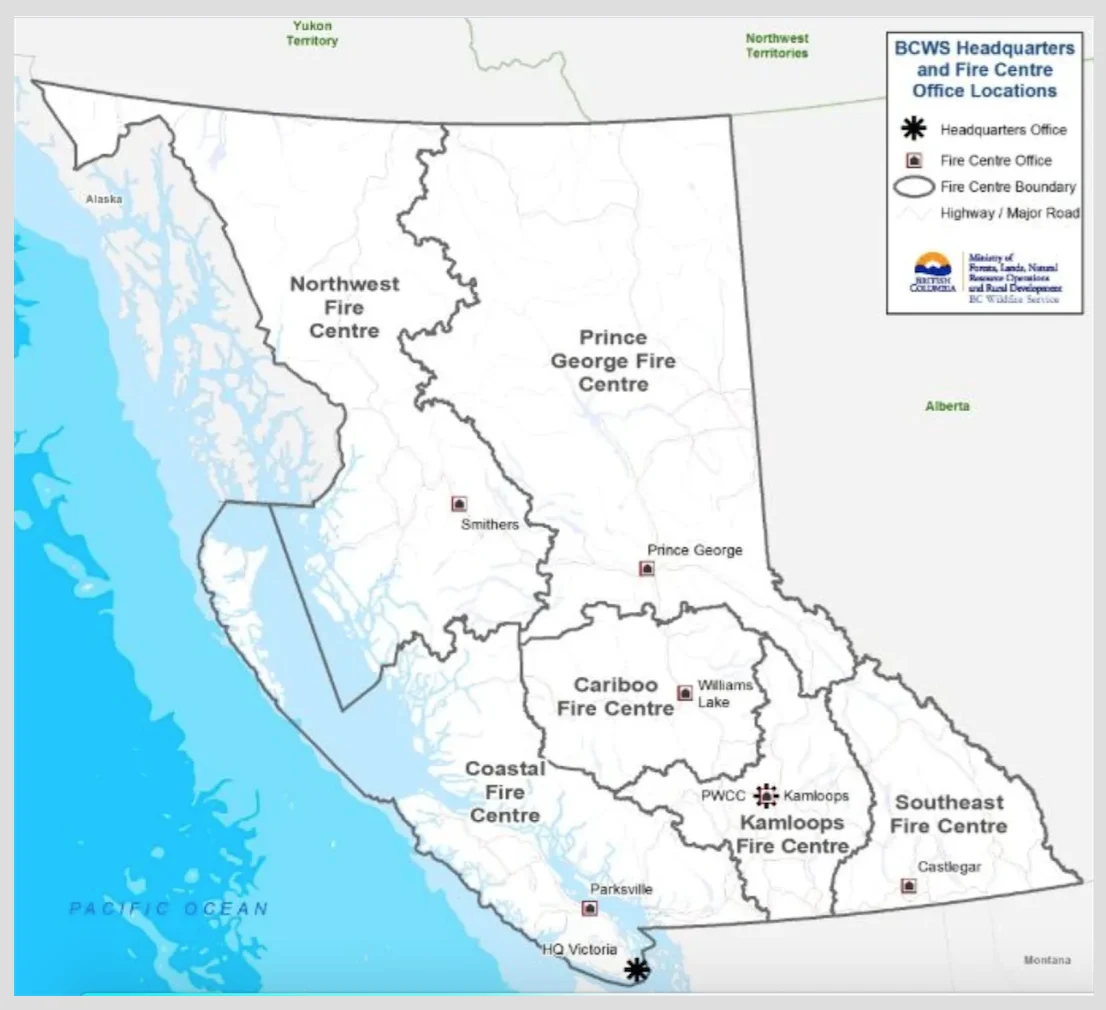BC Fires: The province is divided into six regional fire centres: Cariboo, Coastal, Kamloops, Northwest, Prince George and Southeast. (BCWildfire.ca)